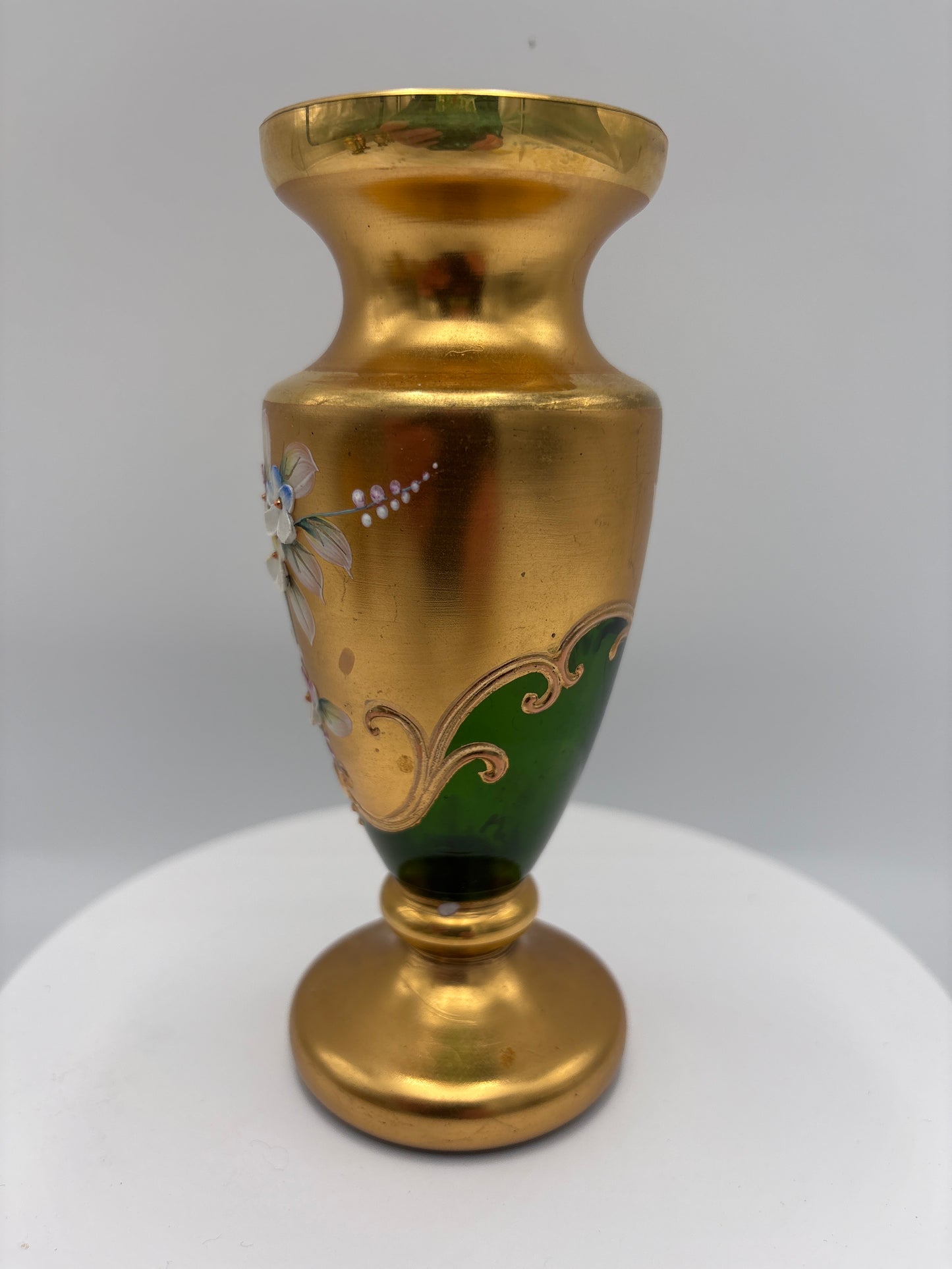 Vintage Bohemia krystal med Guld og Enamel-Vase på fod-Grøn-15cm