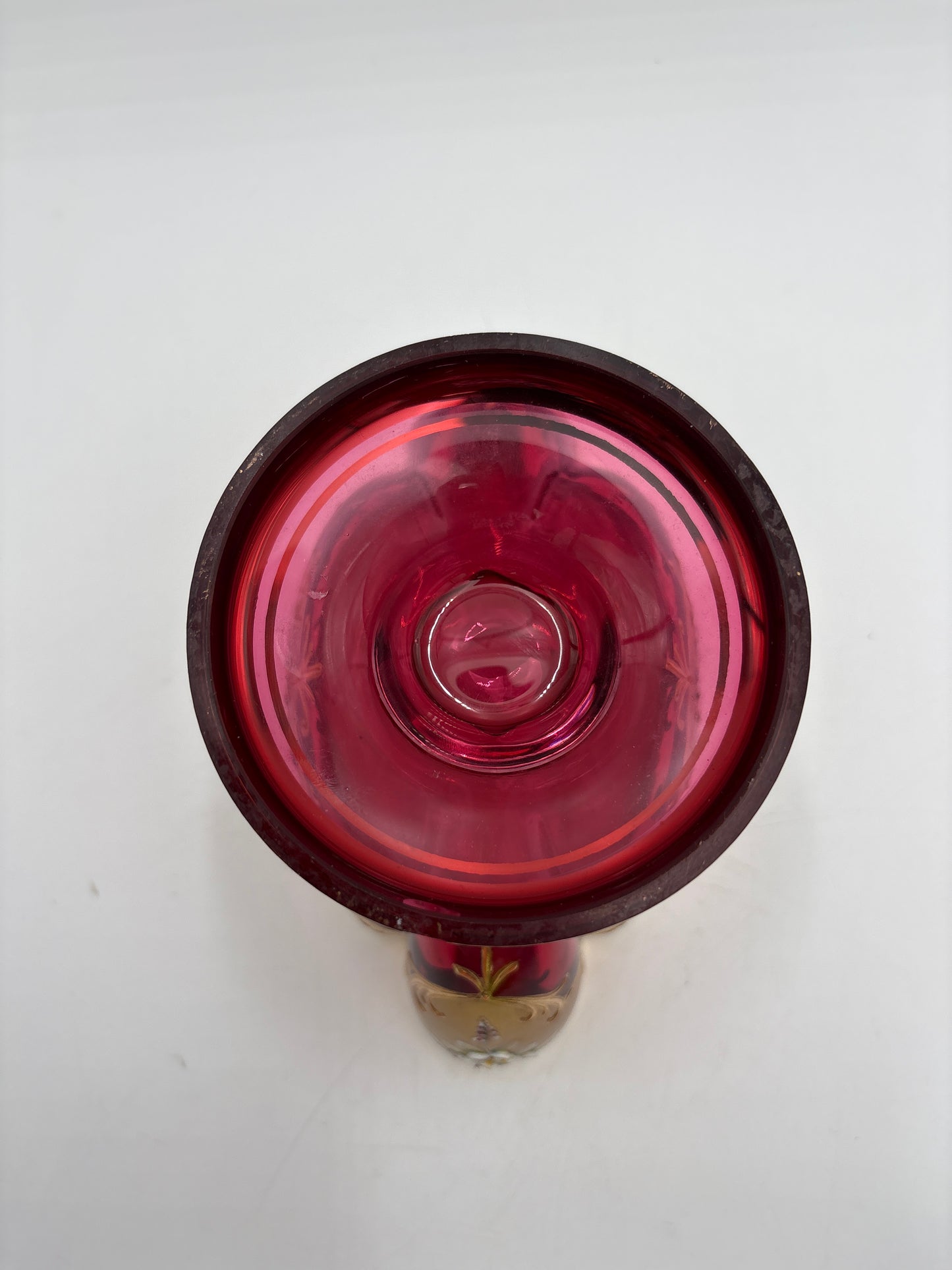 Vintage Bohemia krystal med Guld og Enamel,Lille oval opsats på fod, Rød, 12cm