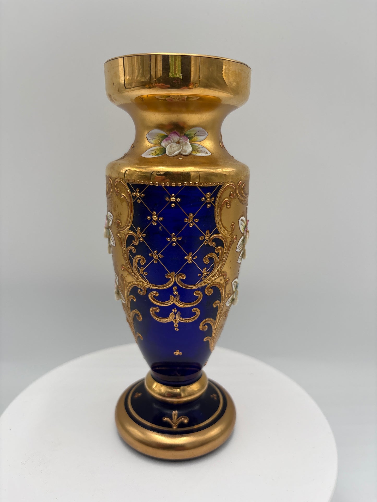 Vintage Bohemia krystal med Guld og Enamel-Vase på fod-Blå(5)-18cm