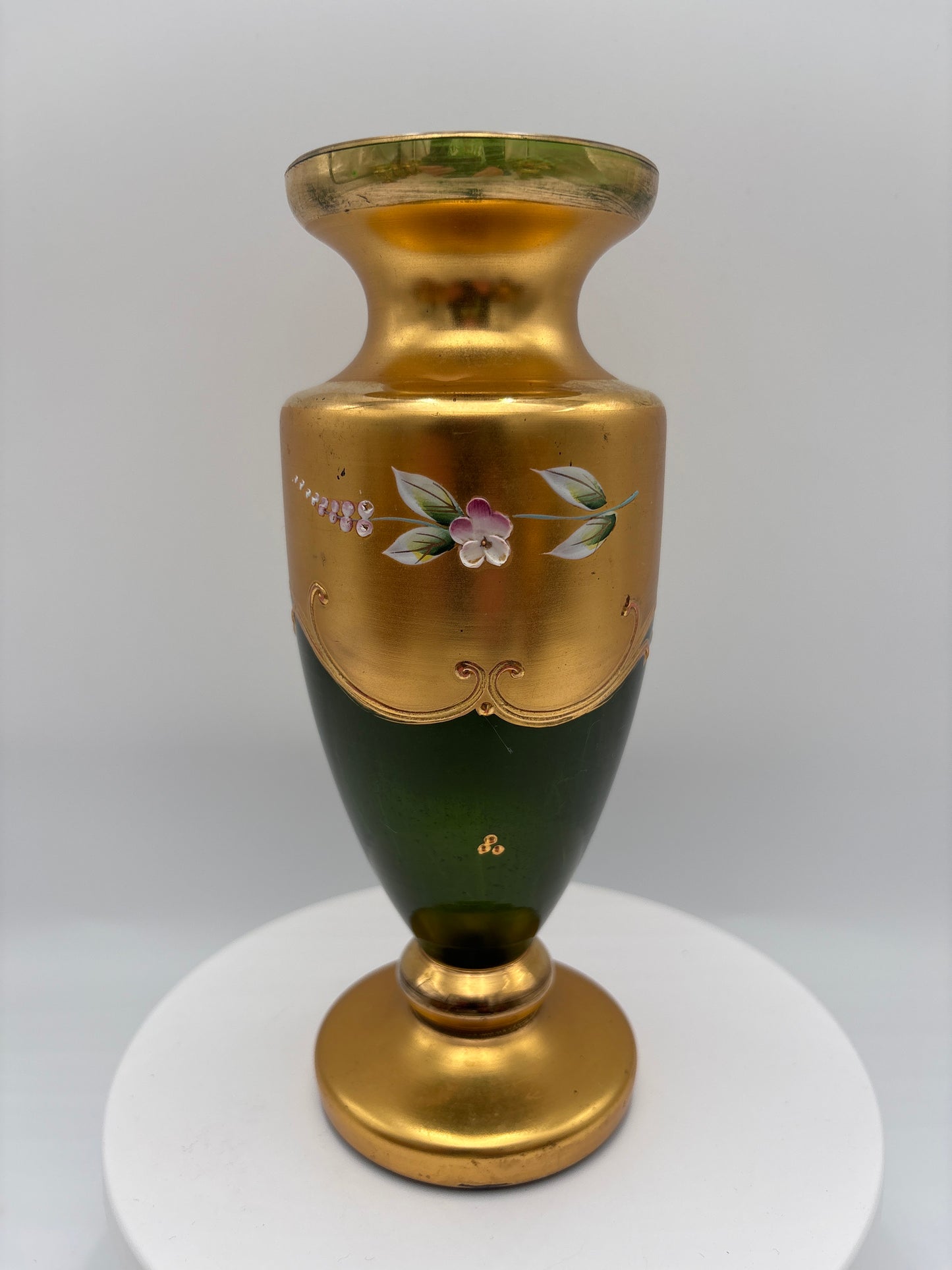 Vintage Bohemia krystal med Guld og Enamel-Vase på fod-Grøn(1)-19cm
