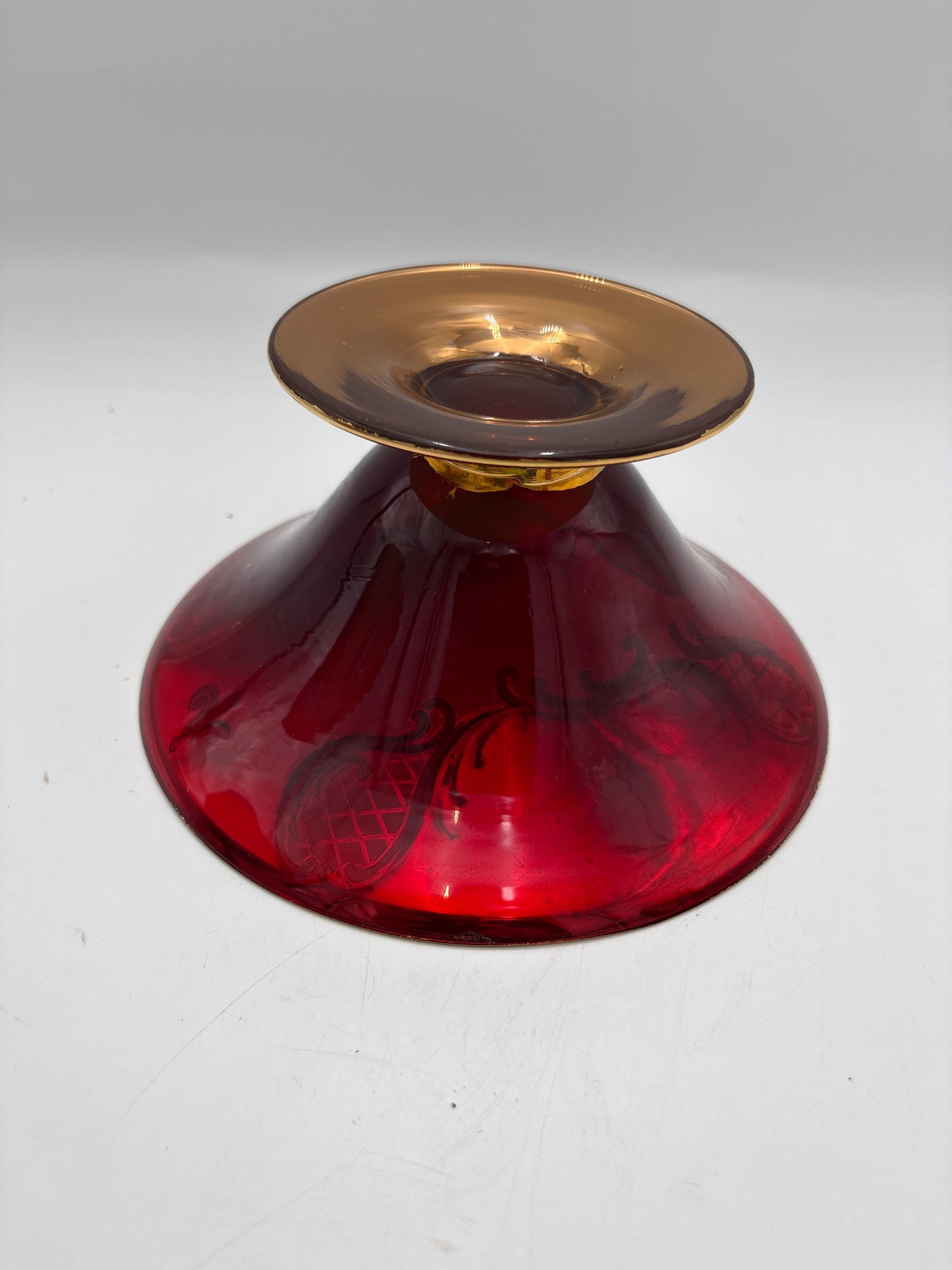 Vintage Bohemia krystal med Guld og Enamel,Lille opsats på fod, Rød, 9cm