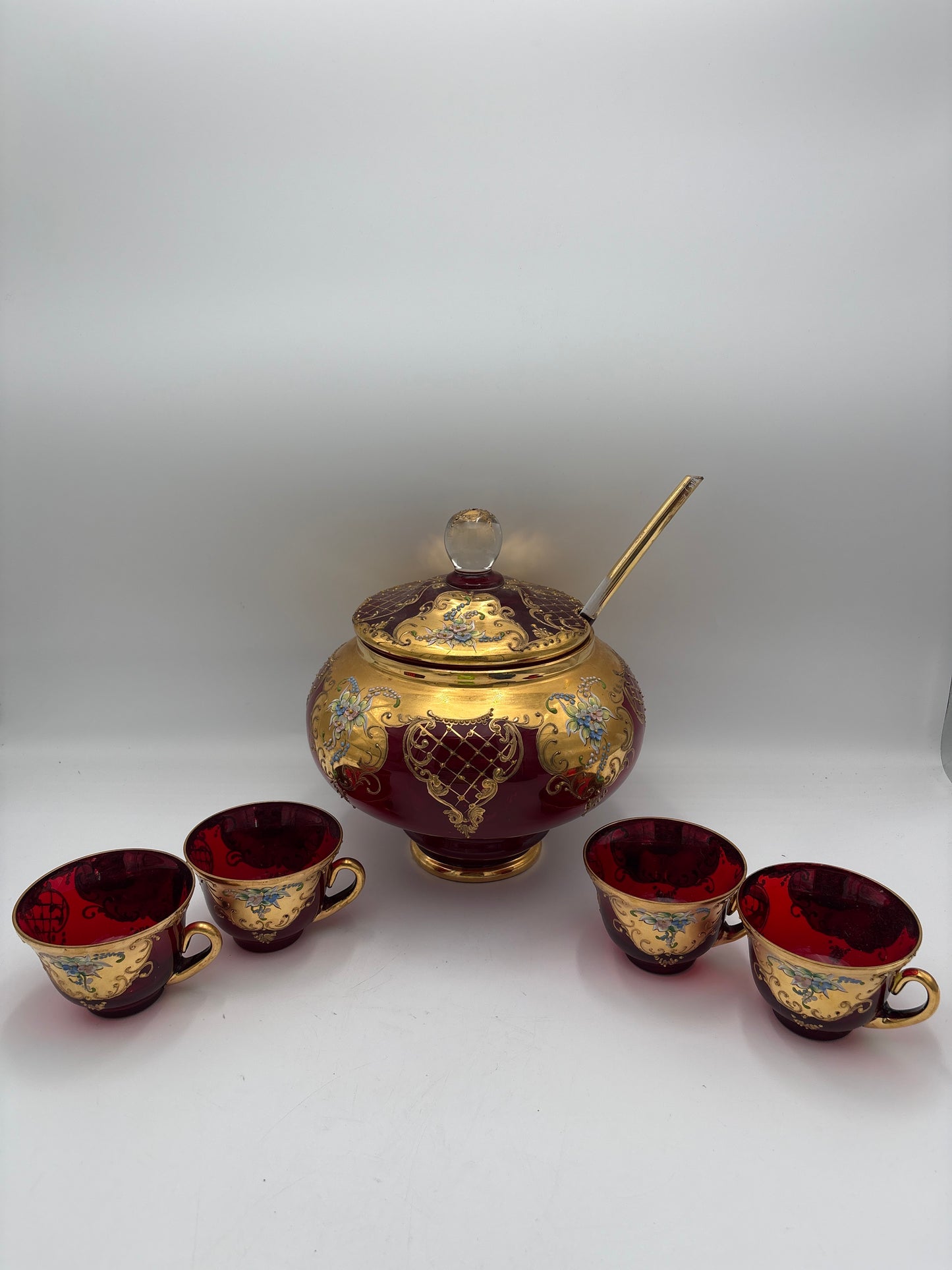 Vintage Bohemia krystal med Guld og Enamel, Punch Bowl med ske og 4 kopper, Rød, 25cm