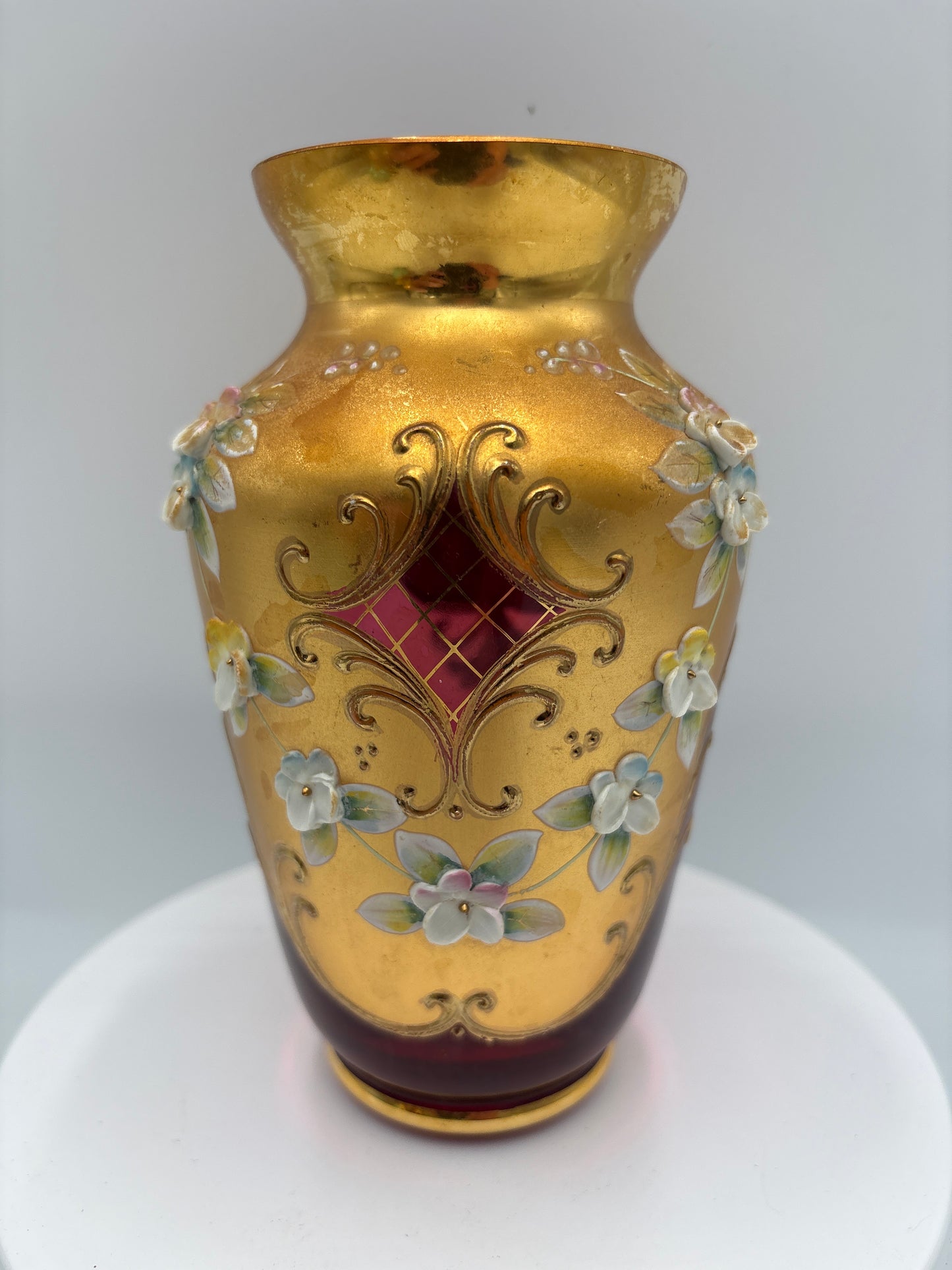 Vintage Bohemia krystal med Guld og Enamel, Vase , Rød, 15cm