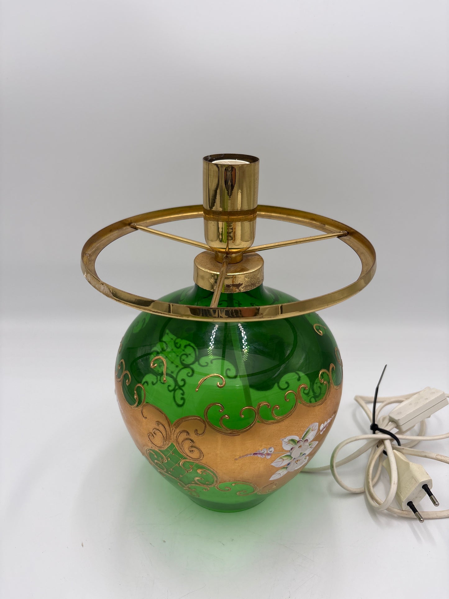Vintage Bohemia krystal med Guld og Enamel, Bordlampe med glasskærm, grøn, 36cm