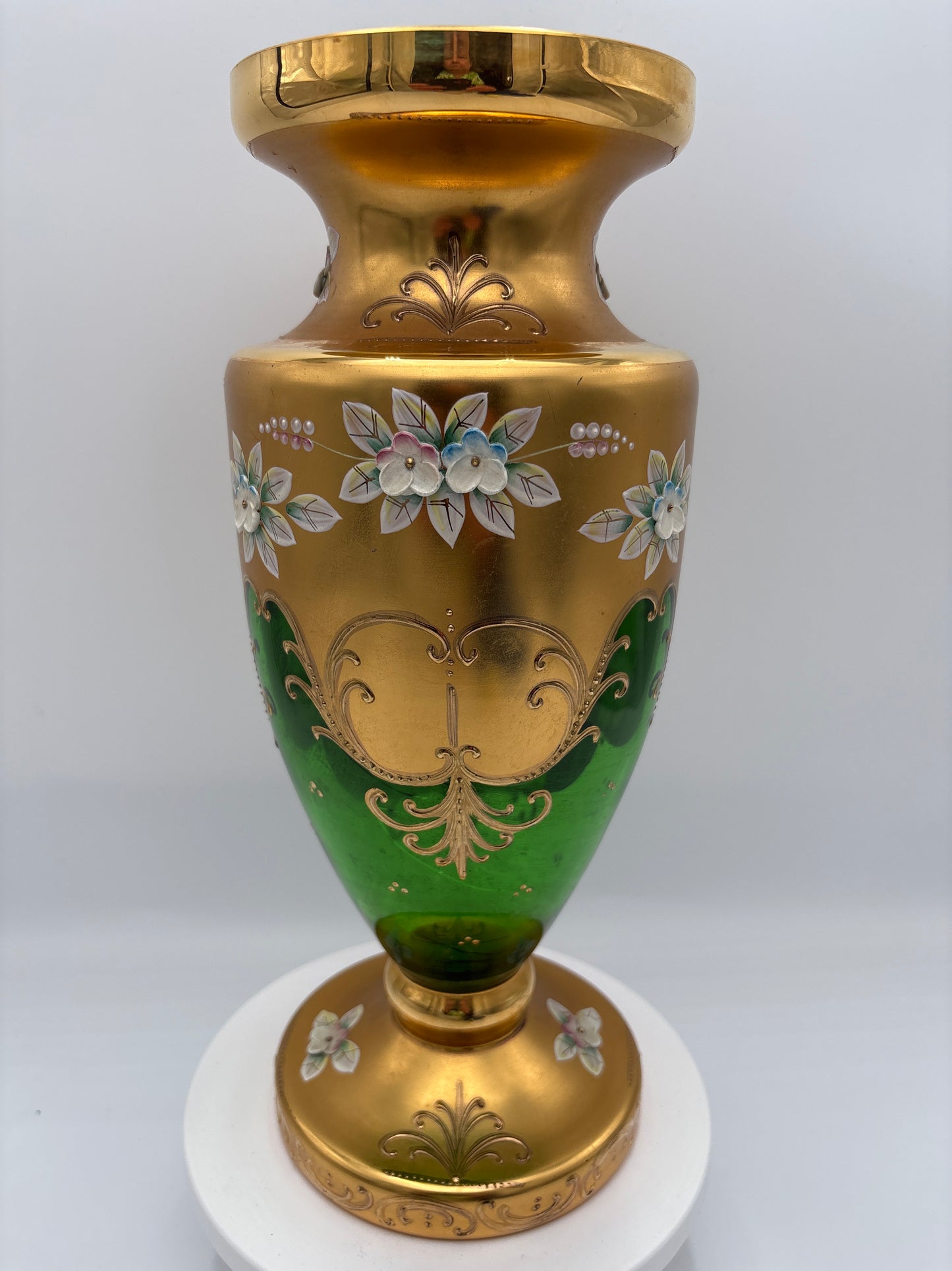 Vintage Bohemia krystal med Guld og Enamel-Vase på fod-Grøn-31cm