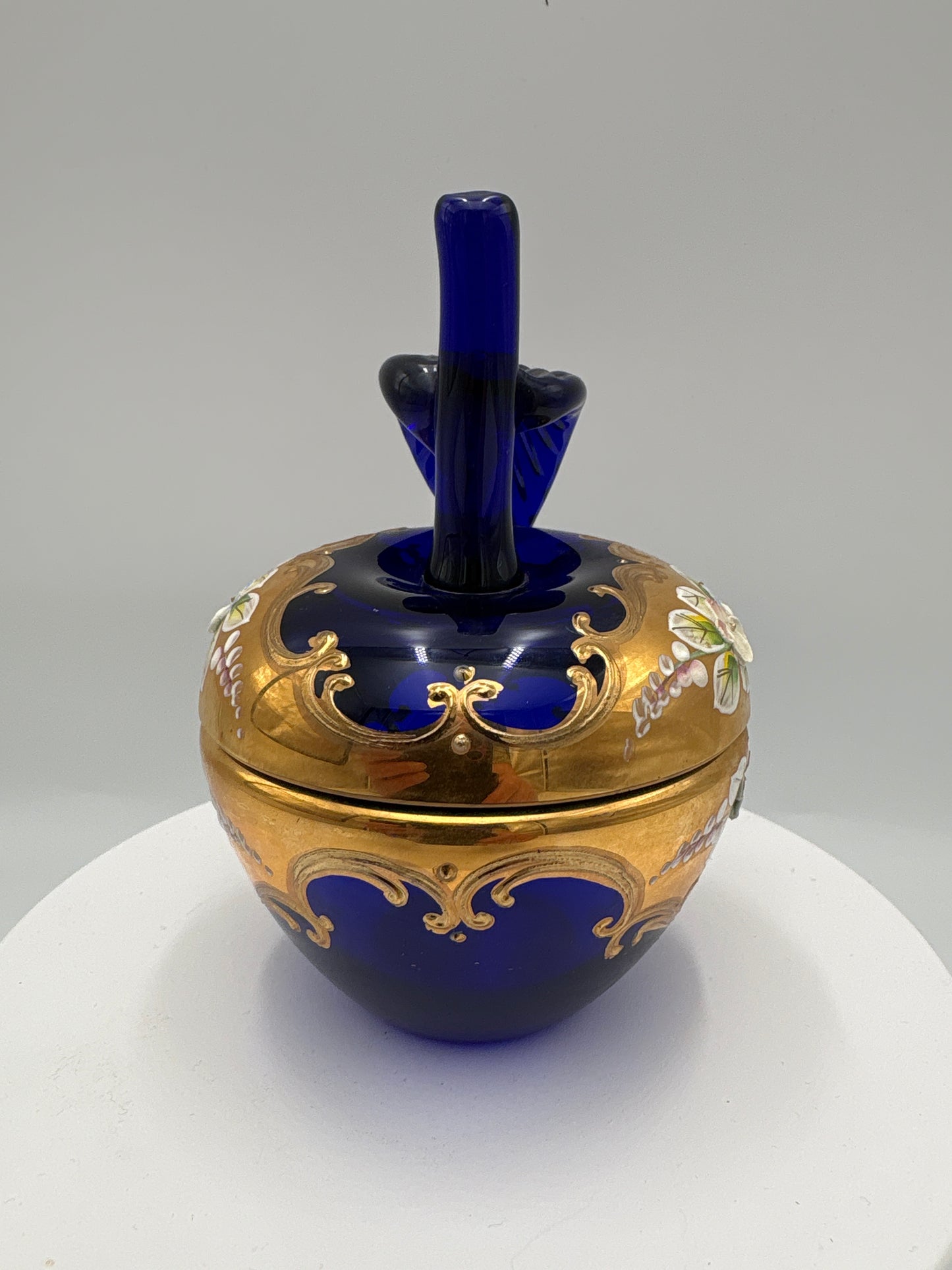 Vintage Bohemia krystal med Guld og Enamel, Æble Bonboniere, Blå, 13cm