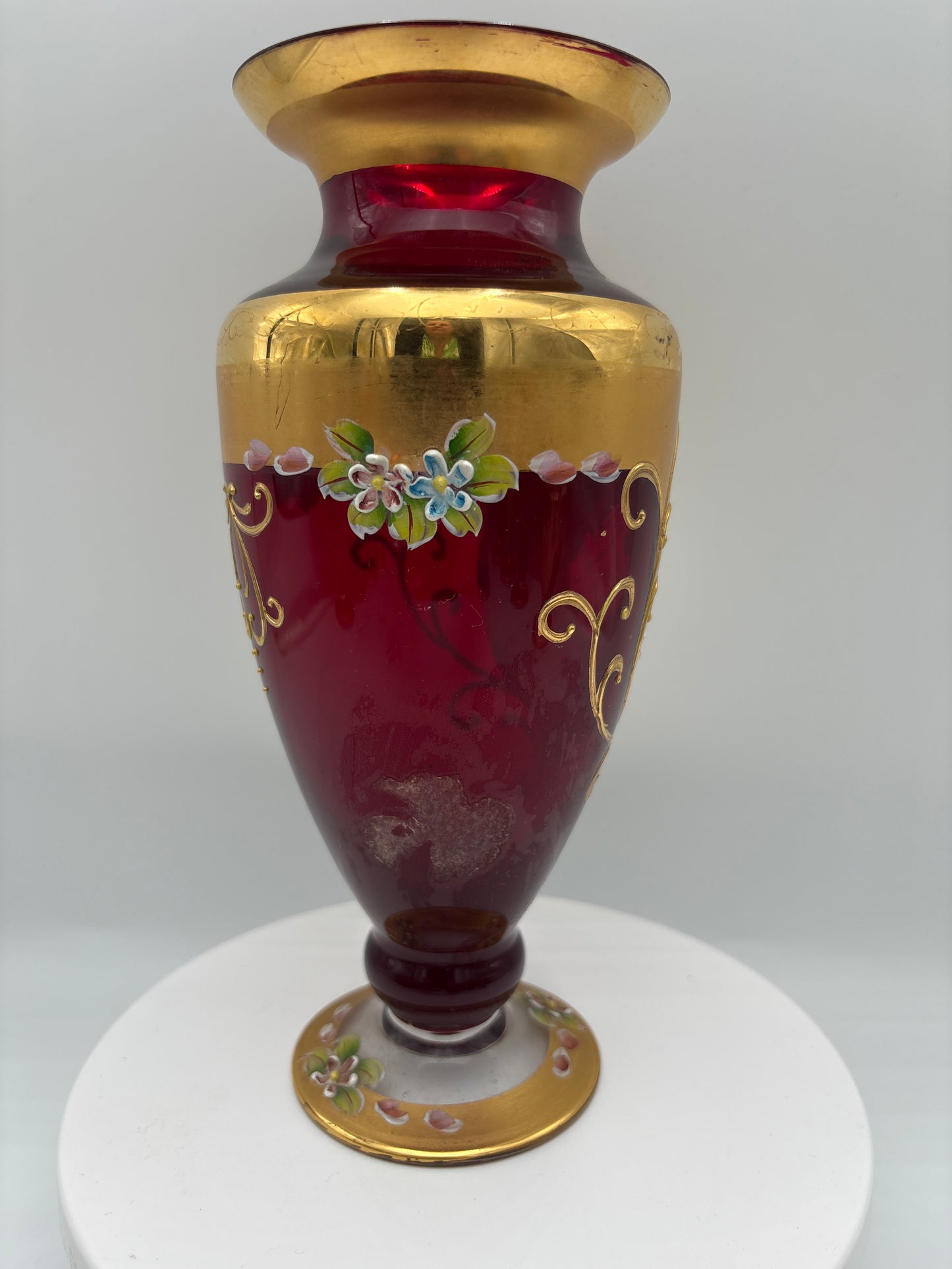 Vintage Bohemia krystal med Guld og Enamel-Vase på fod-Rød-21cm