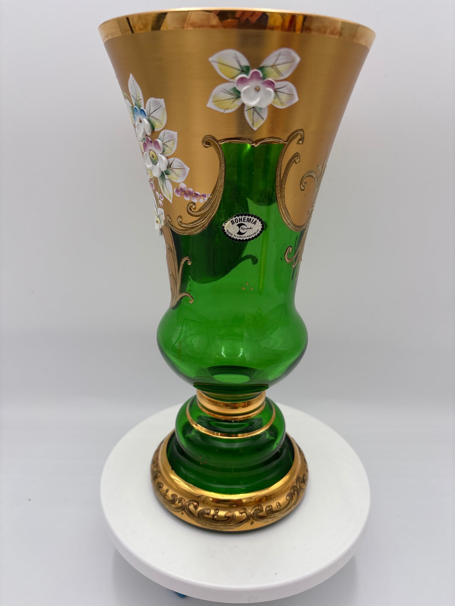 Vintage Bohemia krystal med Guld og Enamel, Vase på fod , Grøn, 26cm