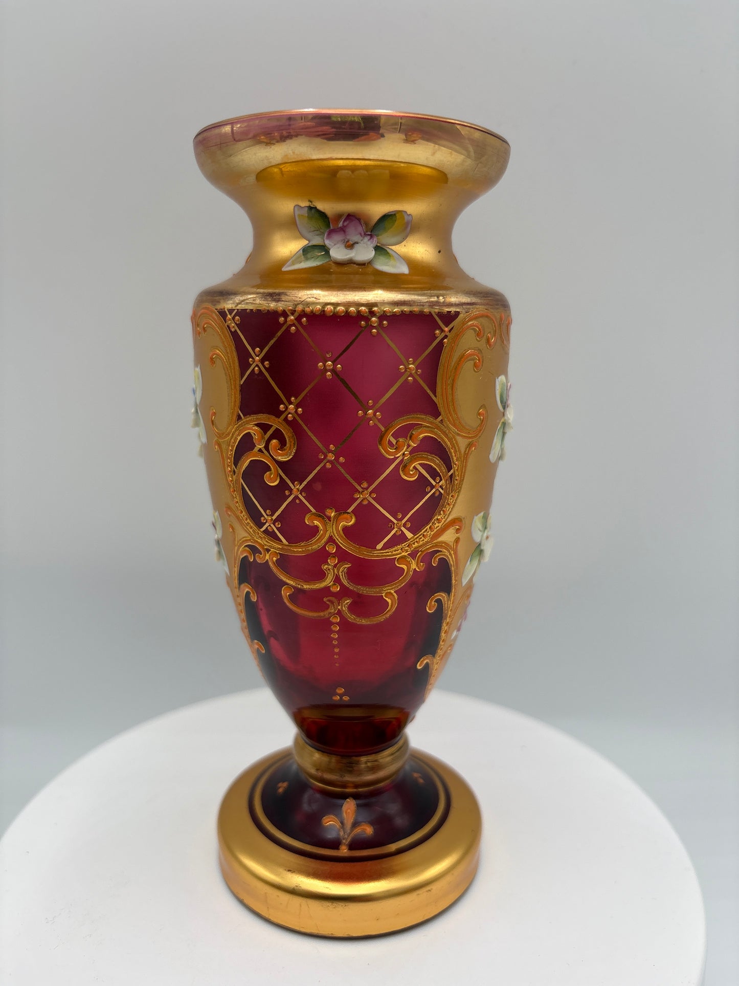 Vintage Bohemia krystal med Guld og Enamel-Vase på fod-Rød(3)-18cm