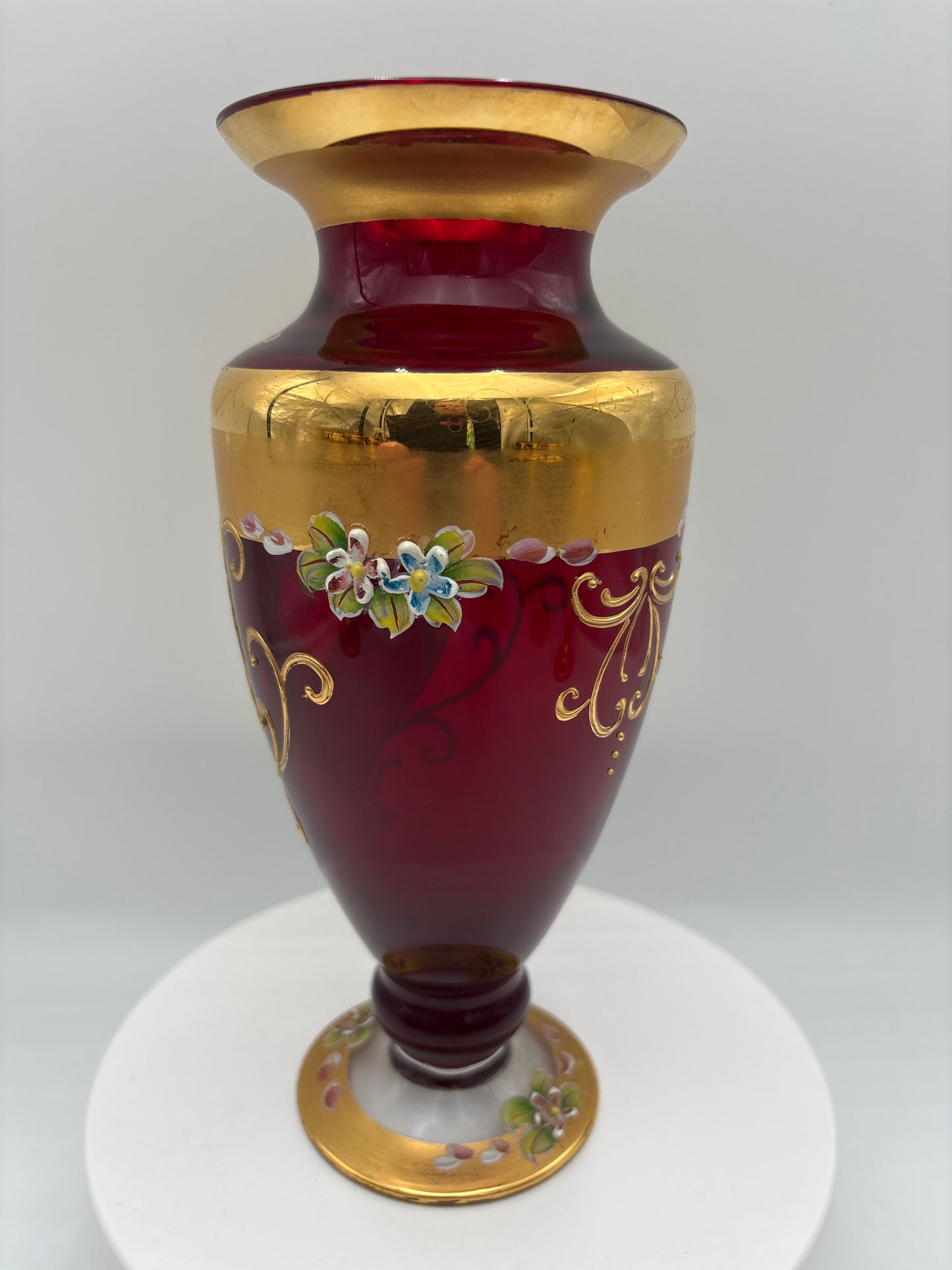 Vintage Bohemia krystal med Guld og Enamel-Vase på fod-Rød-21cm