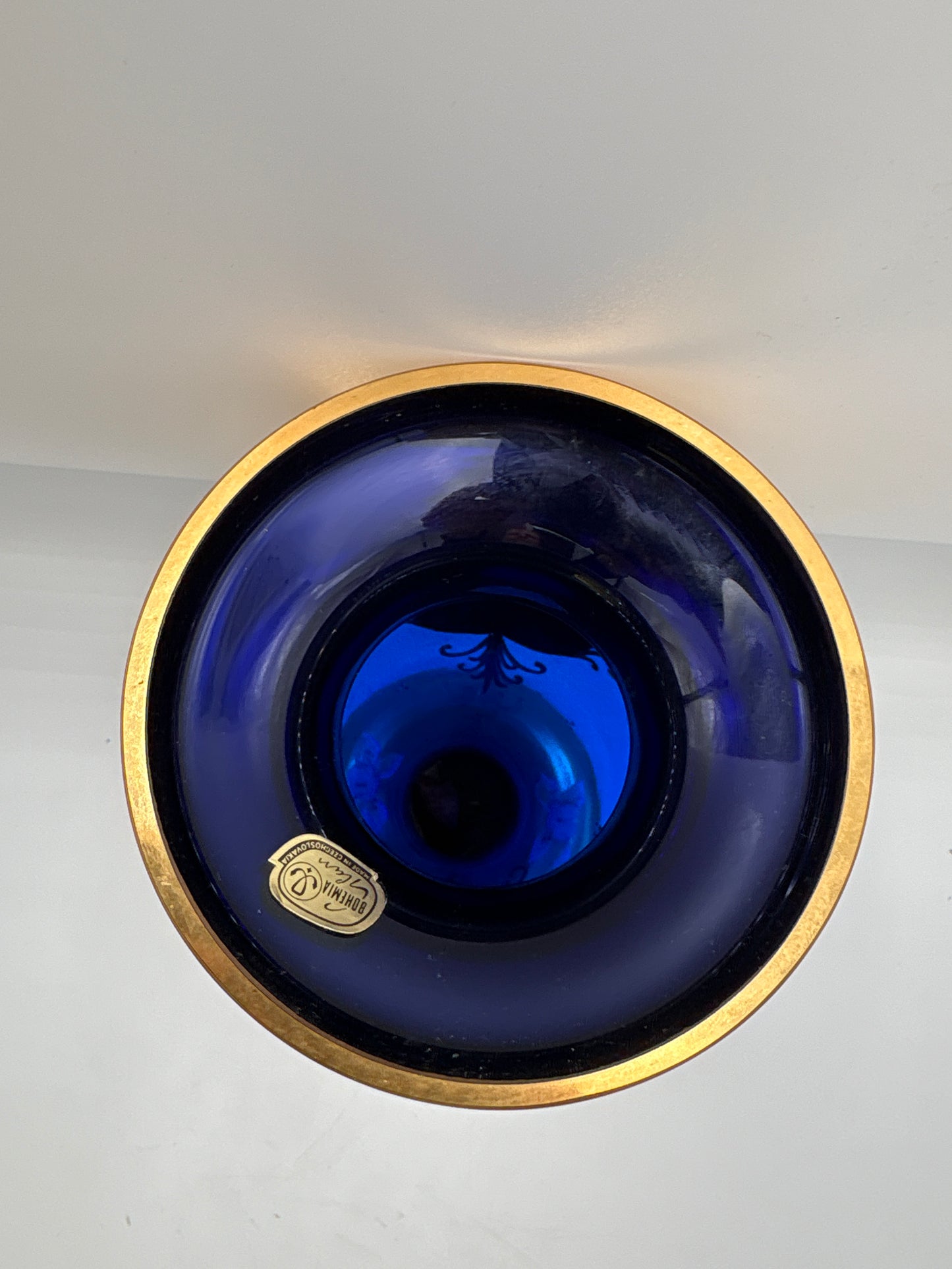 Vintage Bohemia krystal med Guld og Enamel-Vase på fod-Blå(2)-27cm