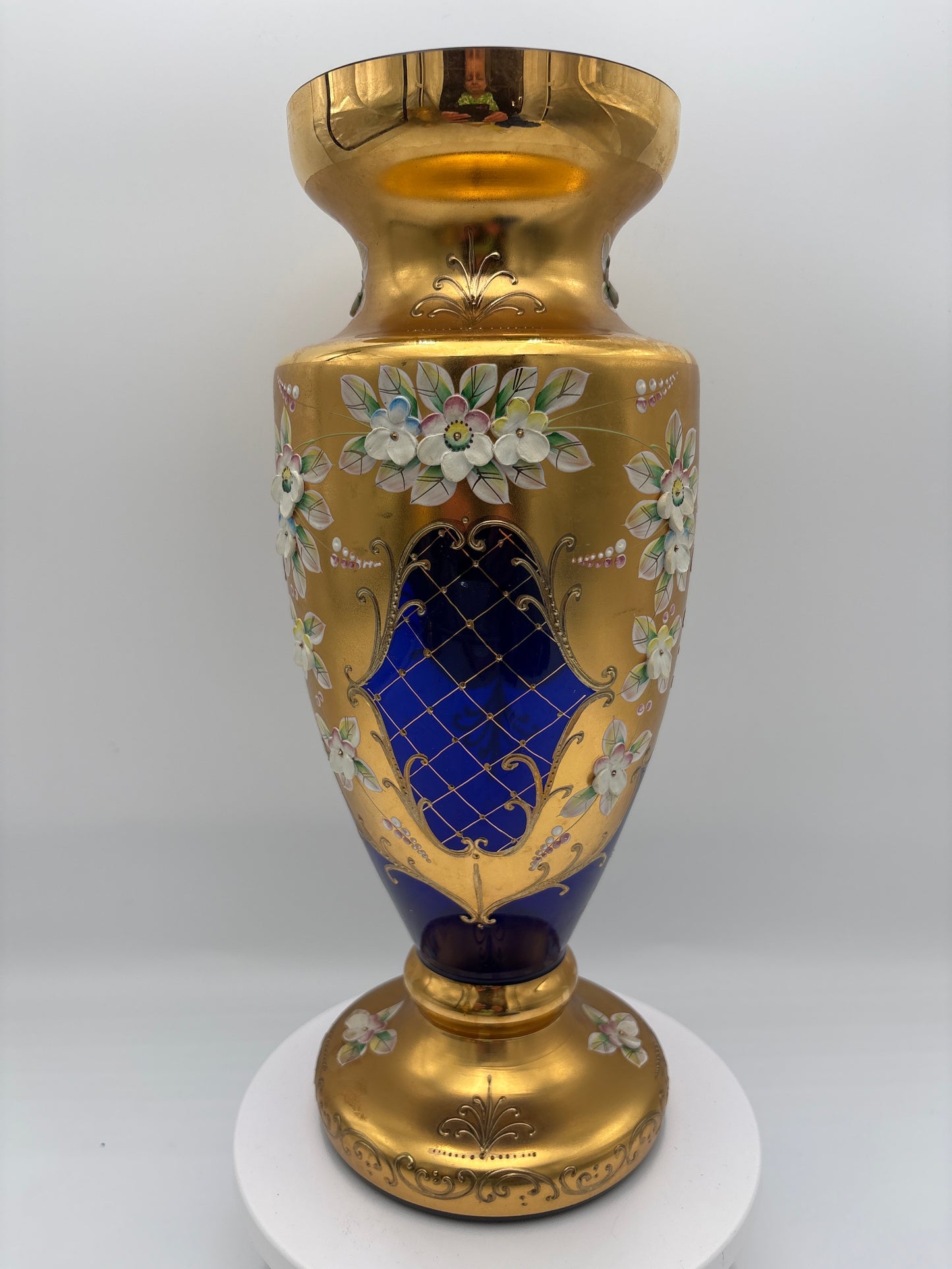 Vintage Bohemia krystal med Guld og Enamel-Vase på fod-Blå(2)-32cm
