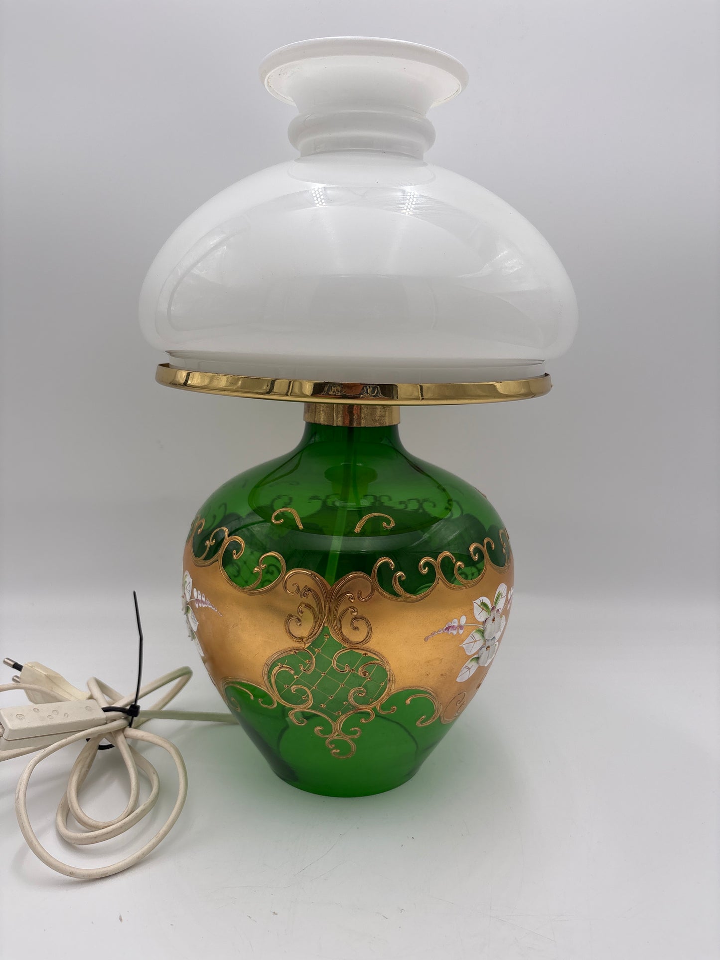 Vintage Bohemia krystal med Guld og Enamel, Bordlampe med glasskærm, grøn, 36cm