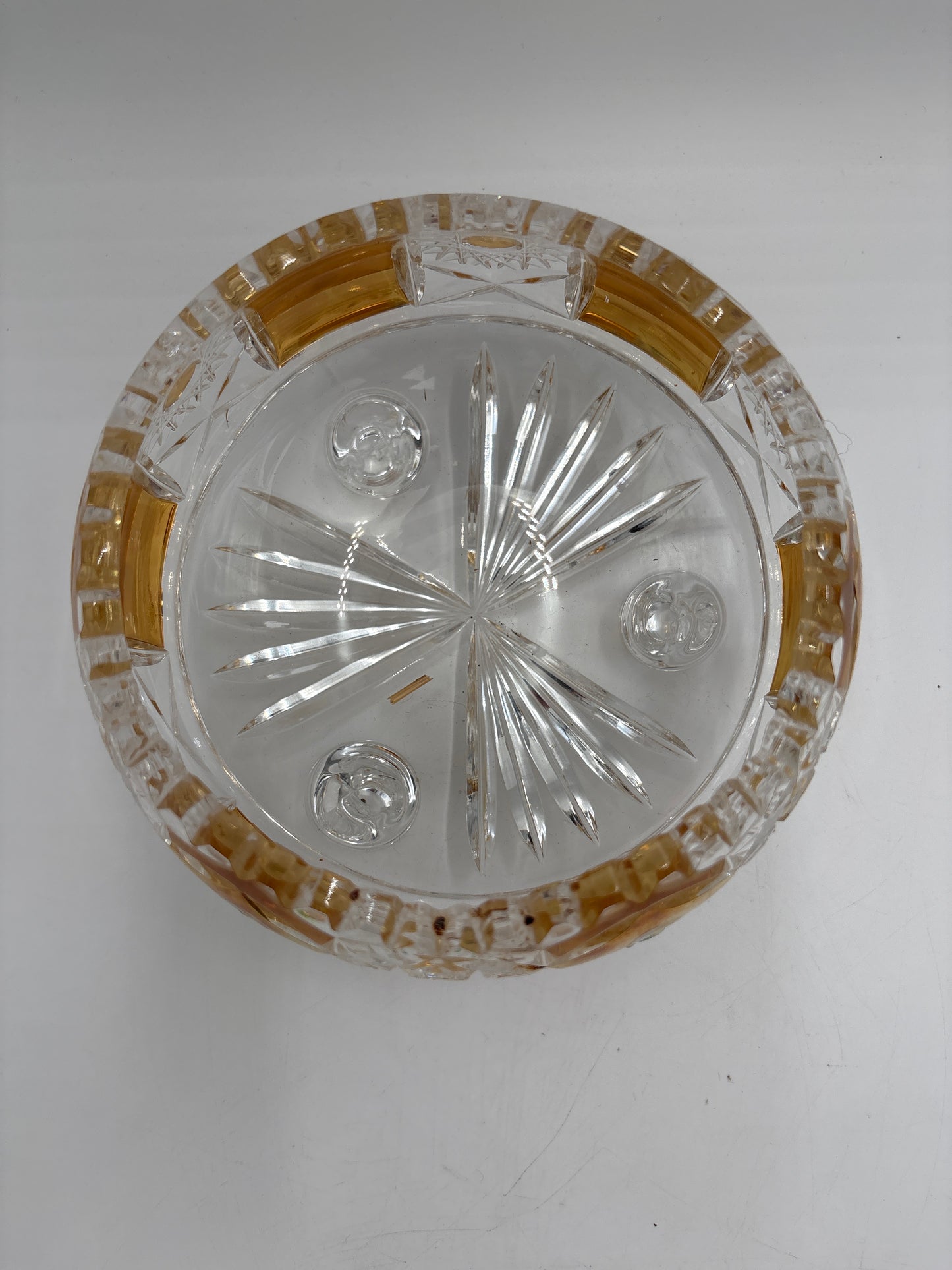 Vintage Bohemia krystal med Guld og Enamel, skål med fødder, Klar, ø15cm