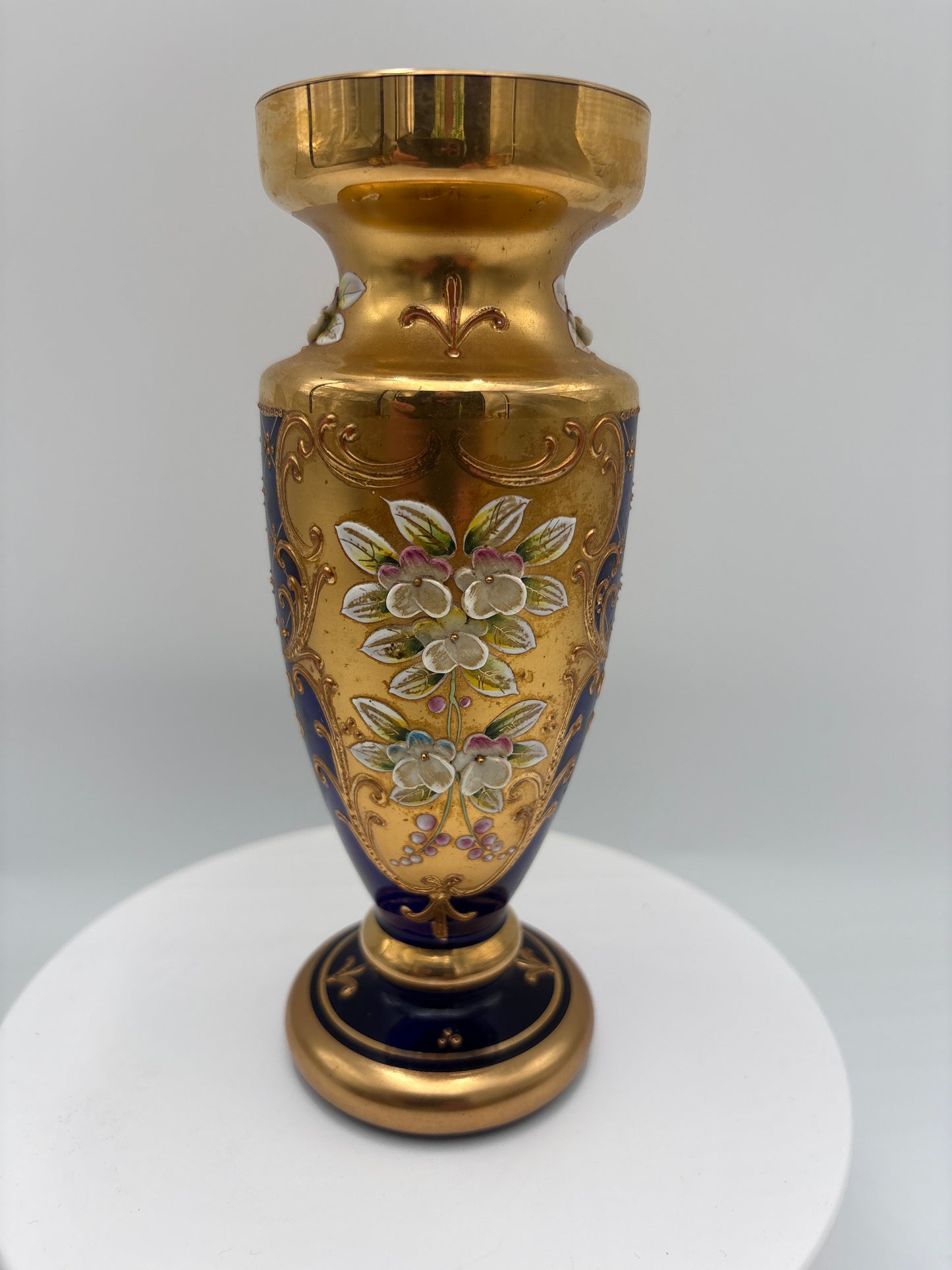 Vintage Bohemia krystal med Guld og Enamel-Vase på fod-Blå(5)-18cm