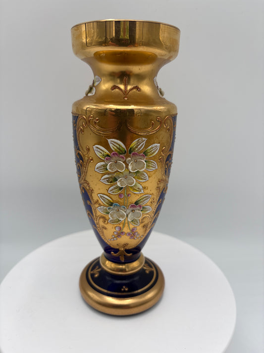 Vintage Bohemia krystal med Guld og Enamel-Vase på fod-Blå(5)-18cm