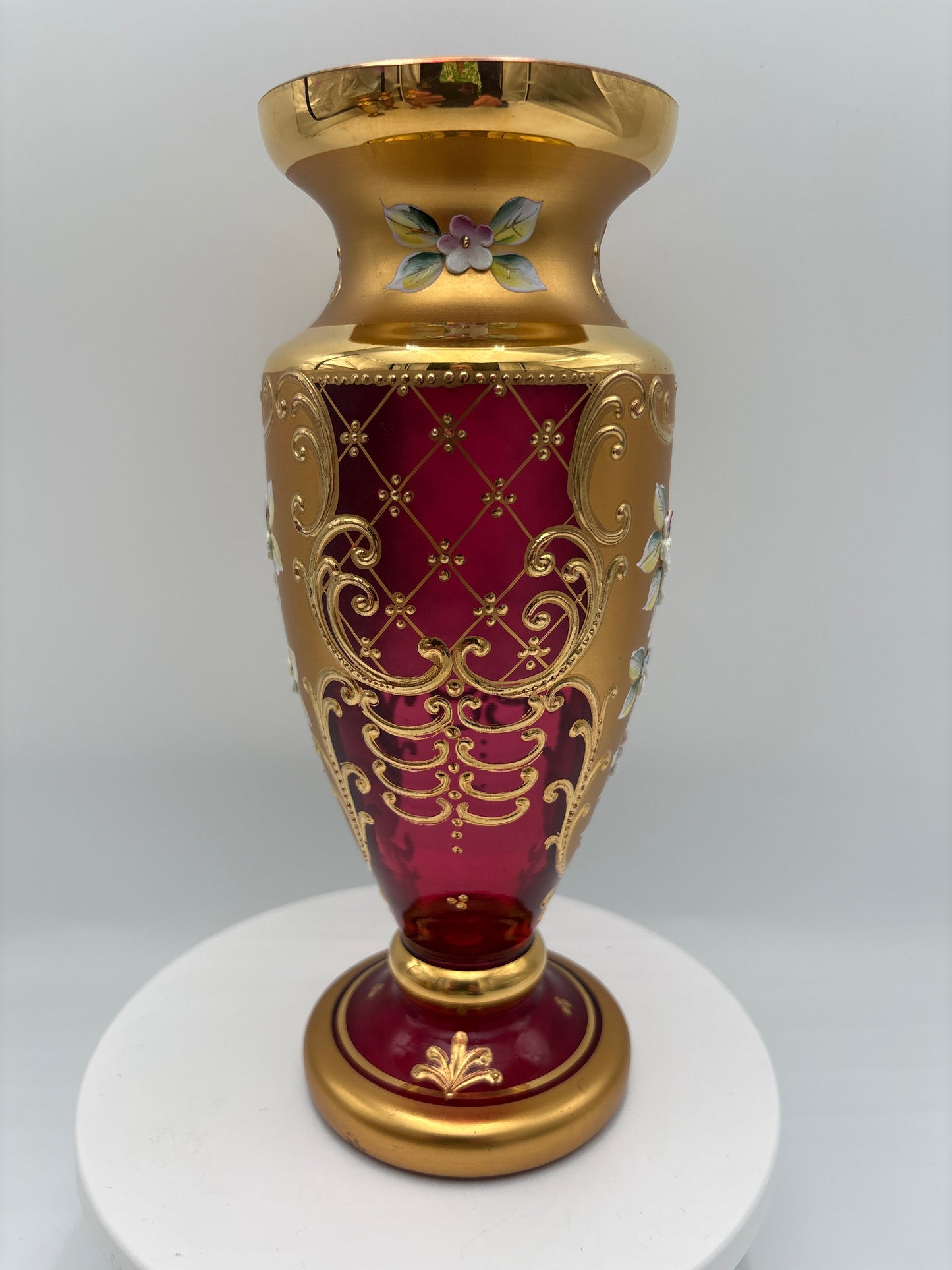 Vintage Bohemia krystal med Guld og Enamel-Vase på fod-Rød(1)-22cm