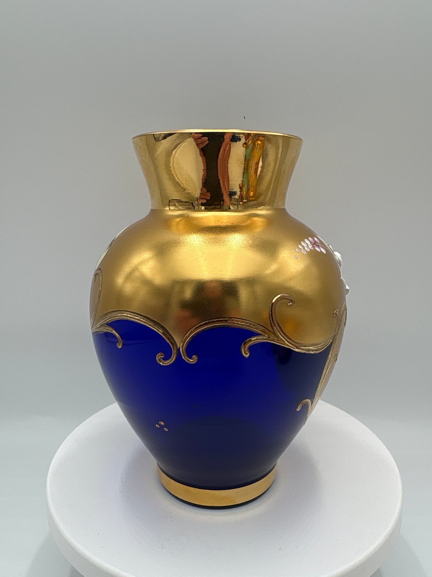 Vintage Bohemia krystal med Guld og Enamel, Vase,  blå, 16cm