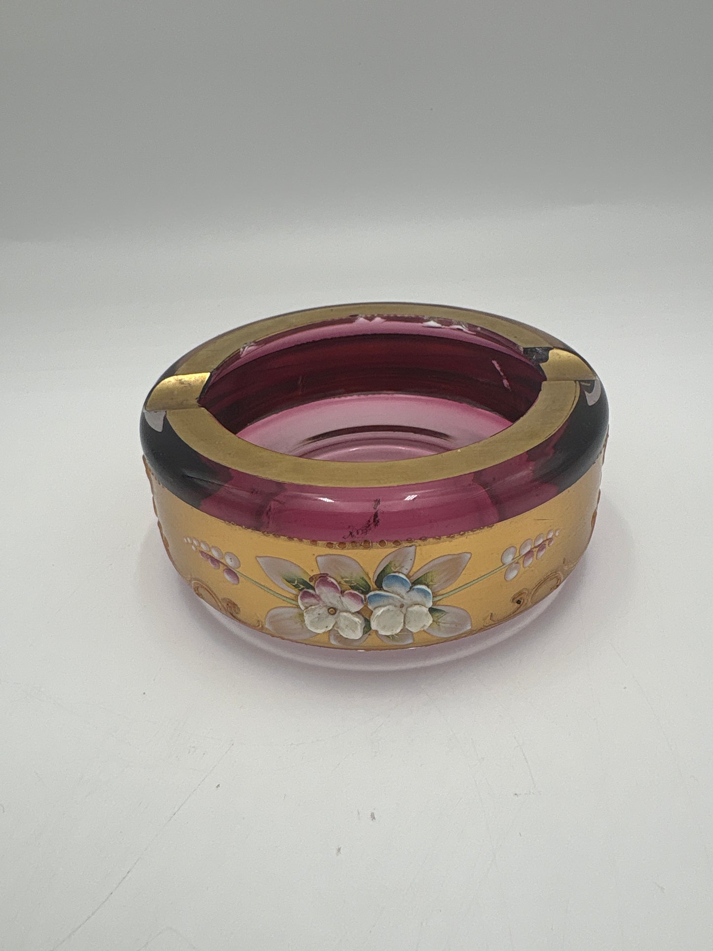 Vintage Bohemia krystal med Guld og Enamel,Askebæger, Lilla, ø11cm