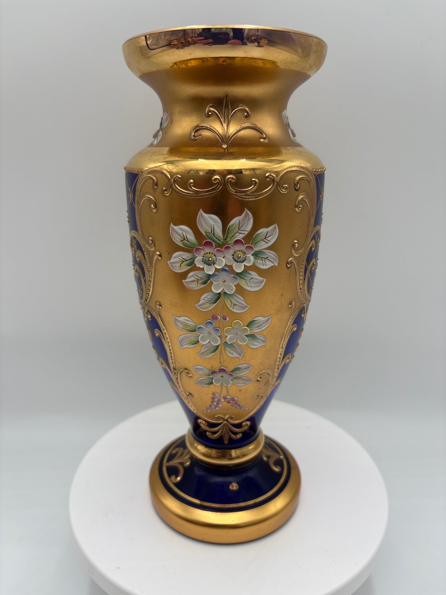 Vintage Bohemia krystal med Guld og Enamel-Vase på fod-Blå(2)-22cm
