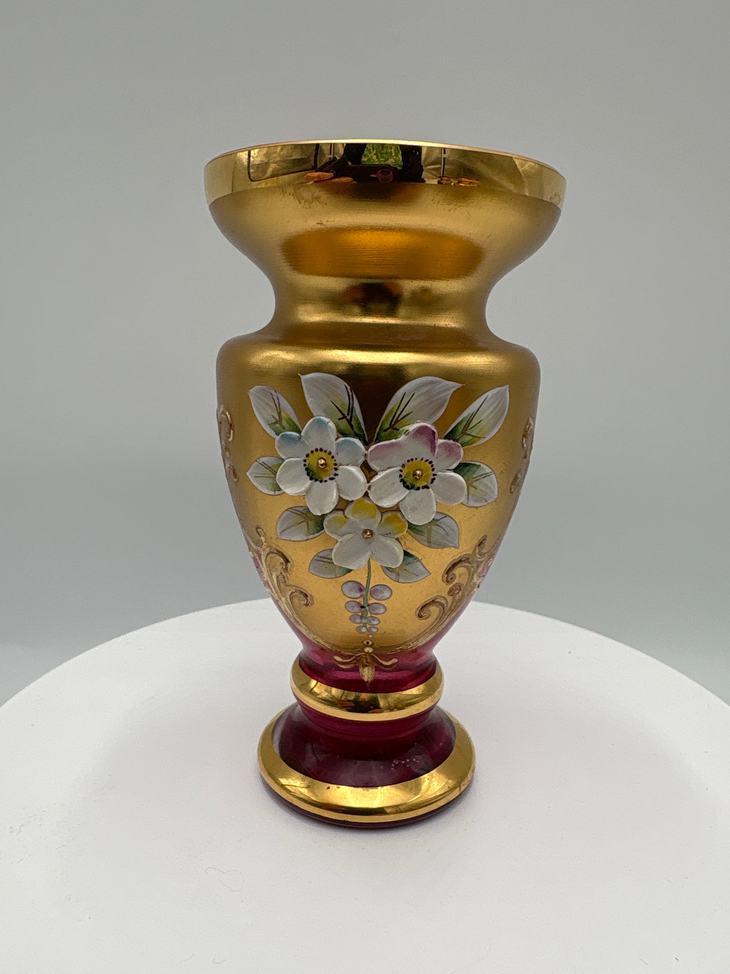 Vintage Bohemia krystal med Guld og Enamel-Vase på fod-Rød-12cm