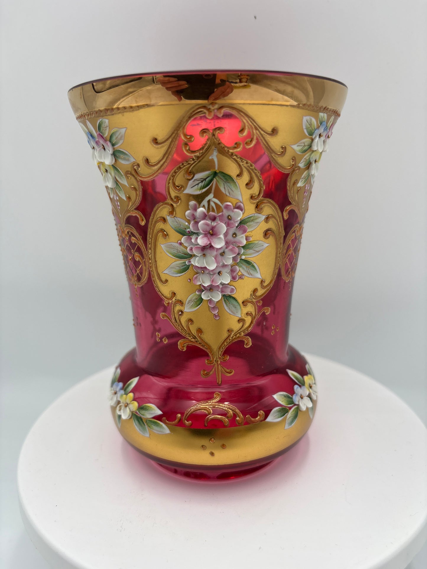 Vintage Bohemia krystal med Guld og Enamel, Vase , Rød(1), 14cm
