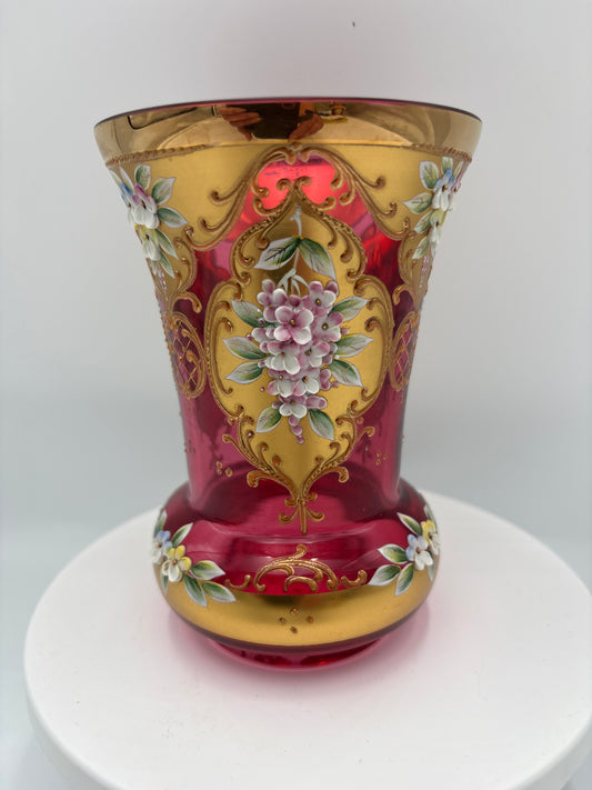 Vintage Bohemia krystal med Guld og Enamel, Vase , Rød(1), 14cm