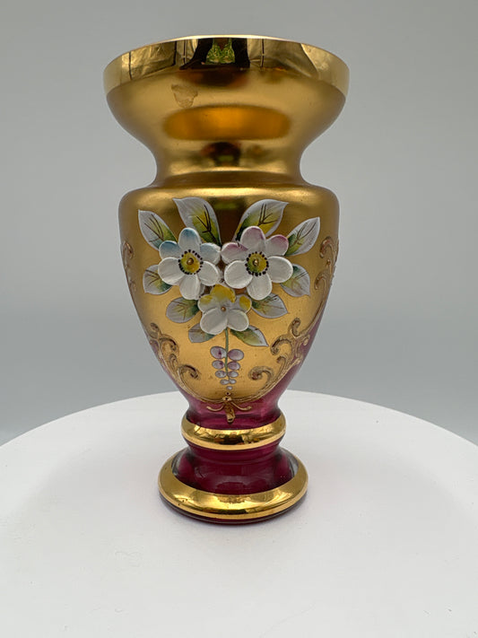 Vintage Bohemia krystal med Guld og Enamel-Vase på fod-Rød-12cm
