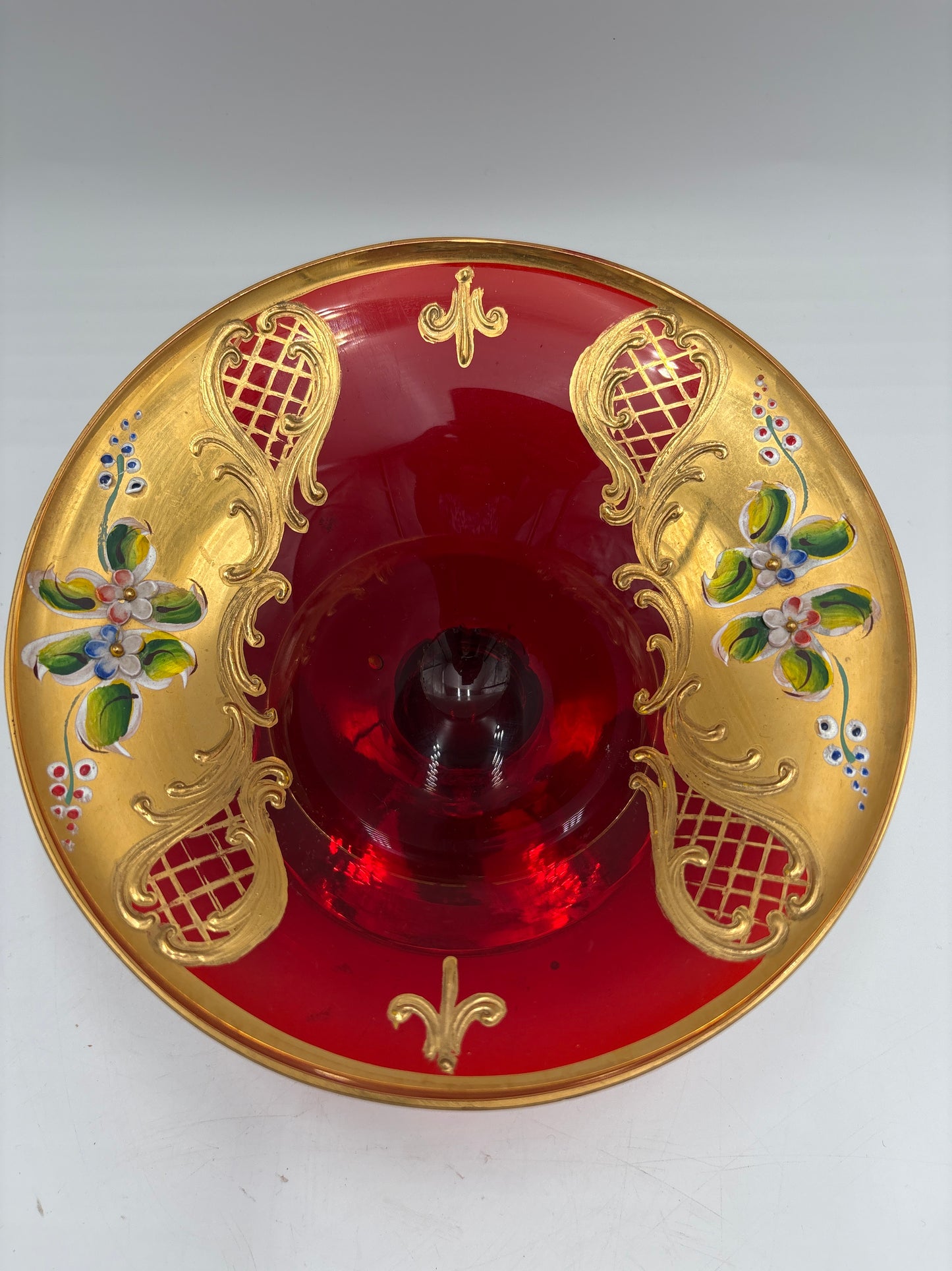 Vintage Bohemia krystal med Guld og Enamel,Lille opsats på fod, Rød, 9cm