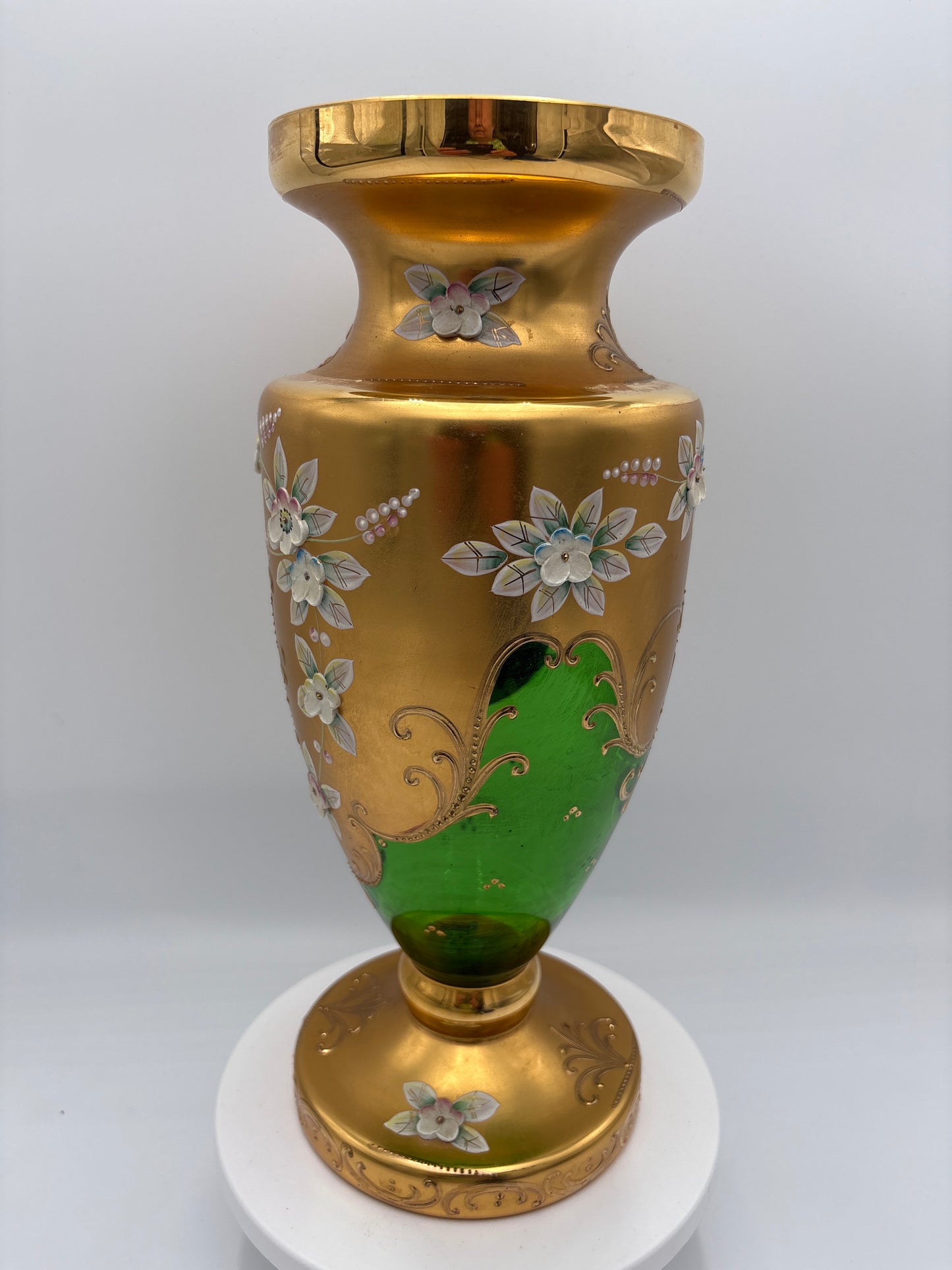 Vintage Bohemia krystal med Guld og Enamel-Vase på fod-Grøn-31cm