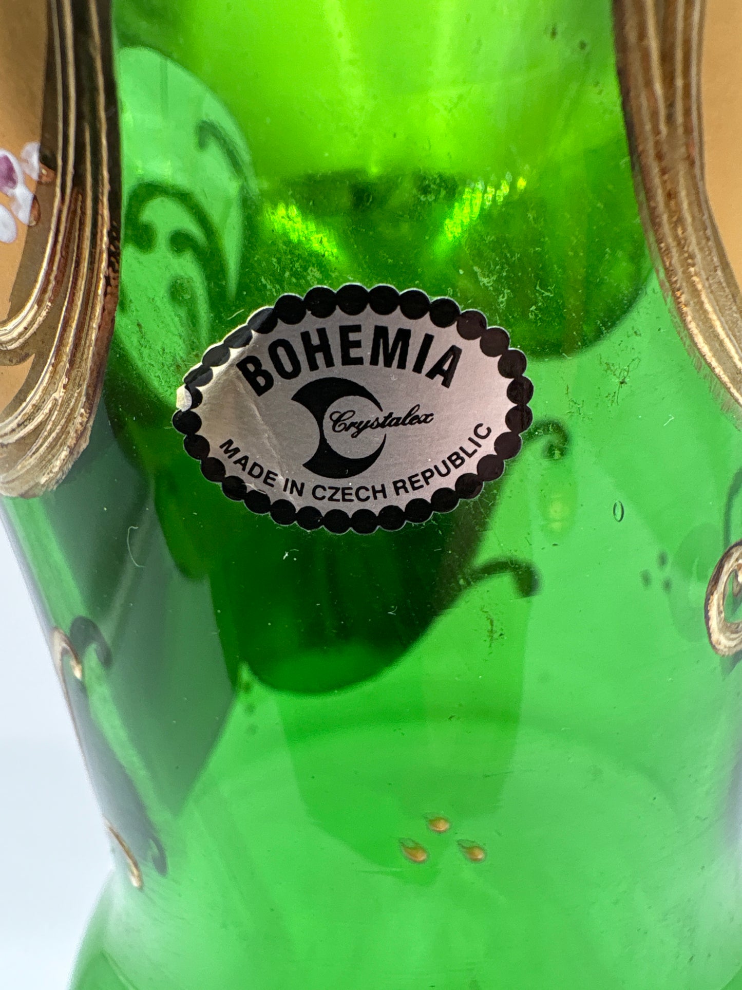 Vintage Bohemia krystal med Guld og Enamel, Vase på fod , Grøn, 26cm