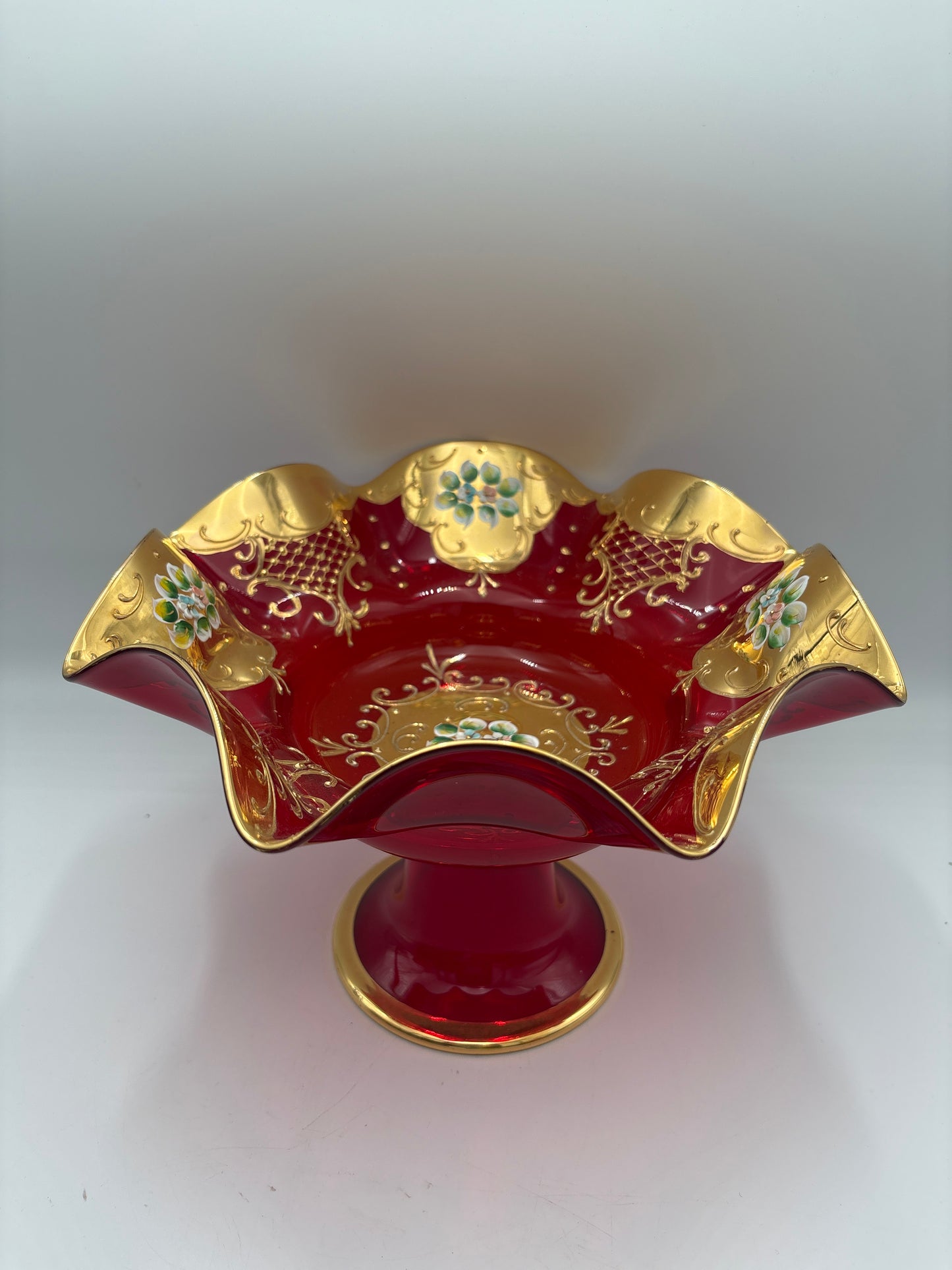 Vintage Bohemia krystal med Guld og Enamel, Opsats på fod, Rød, 19cm