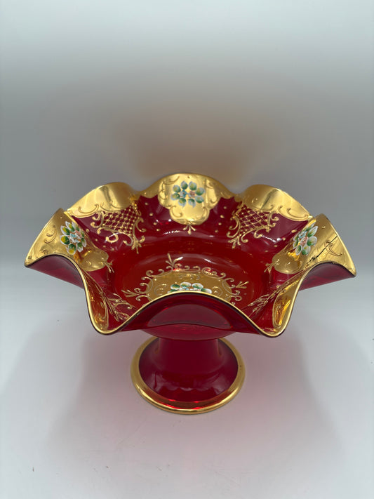 Vintage Bohemia krystal med Guld og Enamel, Opsats på fod, Rød, 19cm