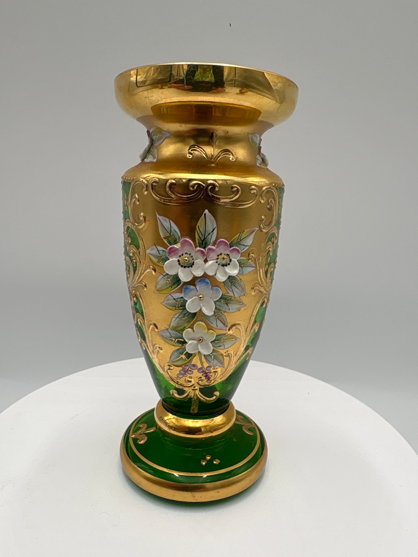 Vintage Bohemia krystal med Guld og Enamel-Vase på fod-Grøn-14cm