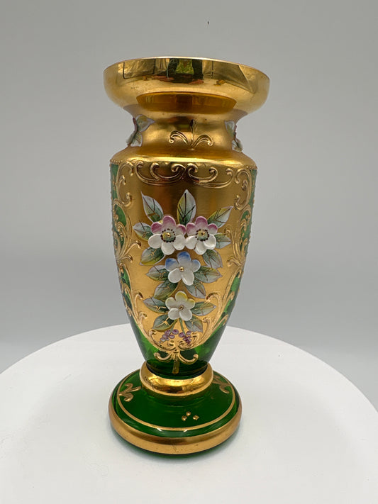 Vintage Bohemia krystal med Guld og Enamel-Vase på fod-Grøn-14cm