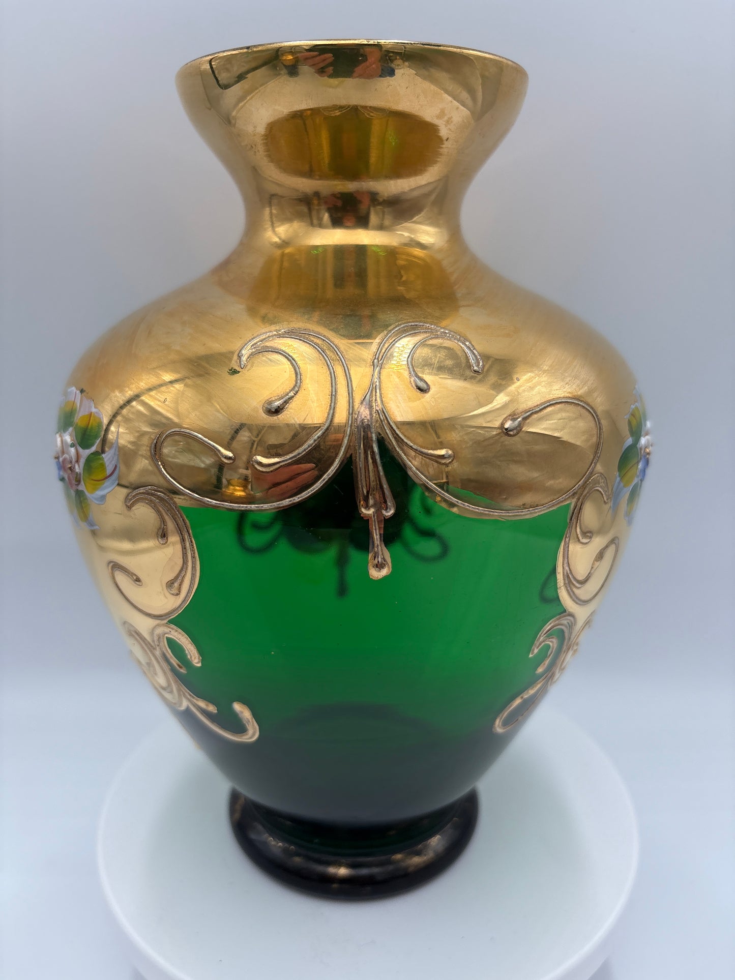 Vintage Bohemia krystal med Guld og Enamel, Vase, Grøn, 22cm