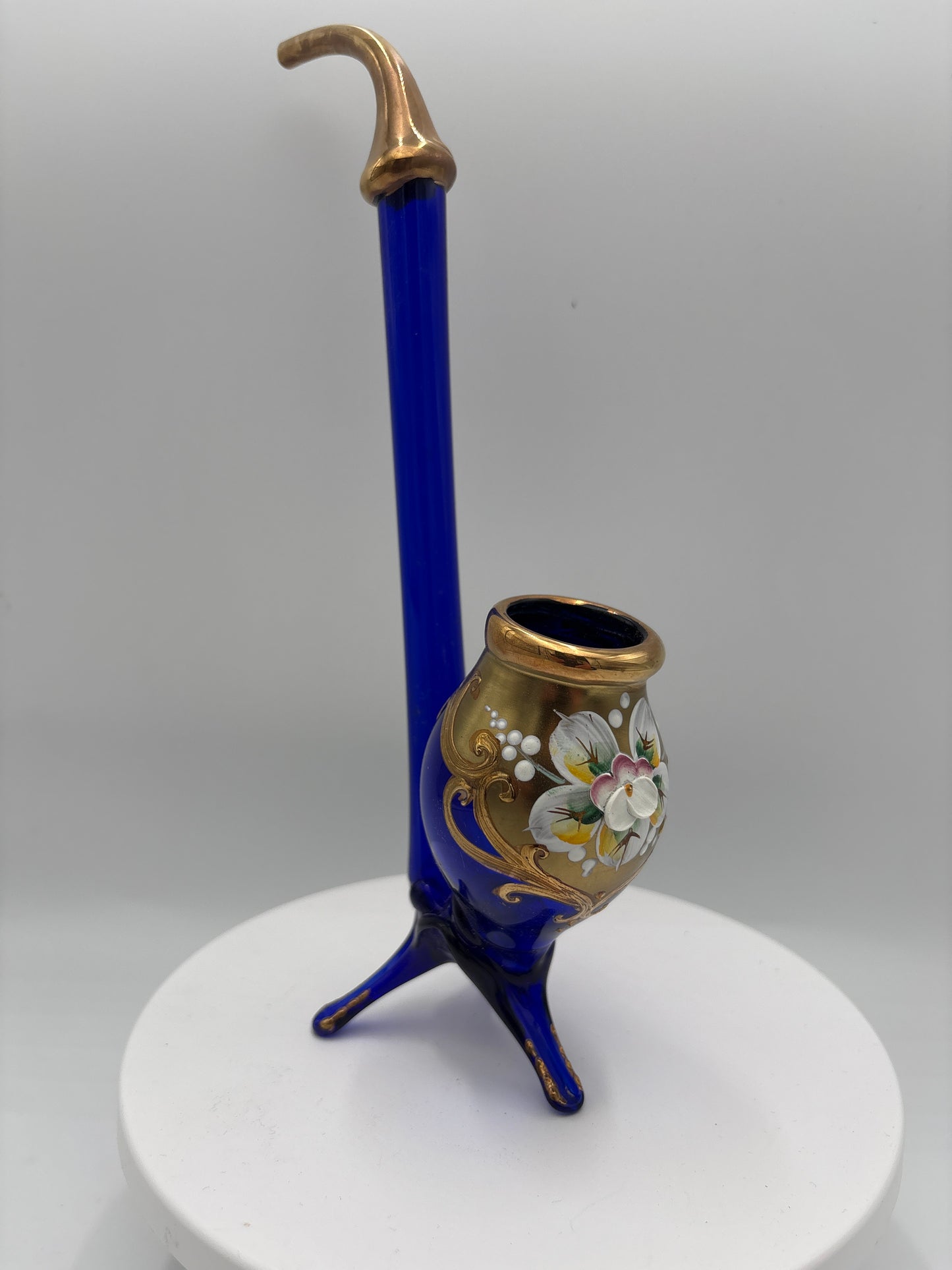 Vintage Bohemia krystal med Guld og Enamel, Pibe, Blå, 24cm