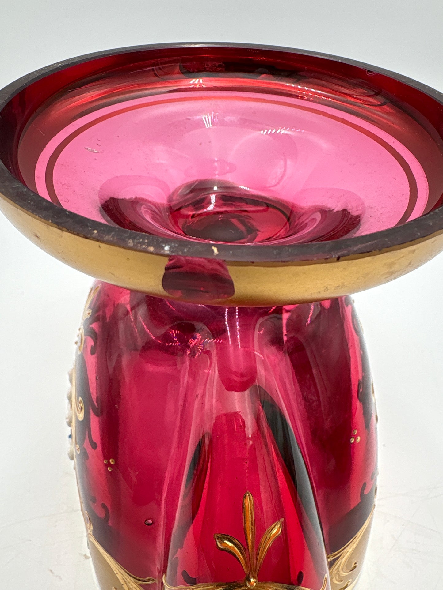 Vintage Bohemia krystal med Guld og Enamel,Lille oval opsats på fod, Rød, 12cm