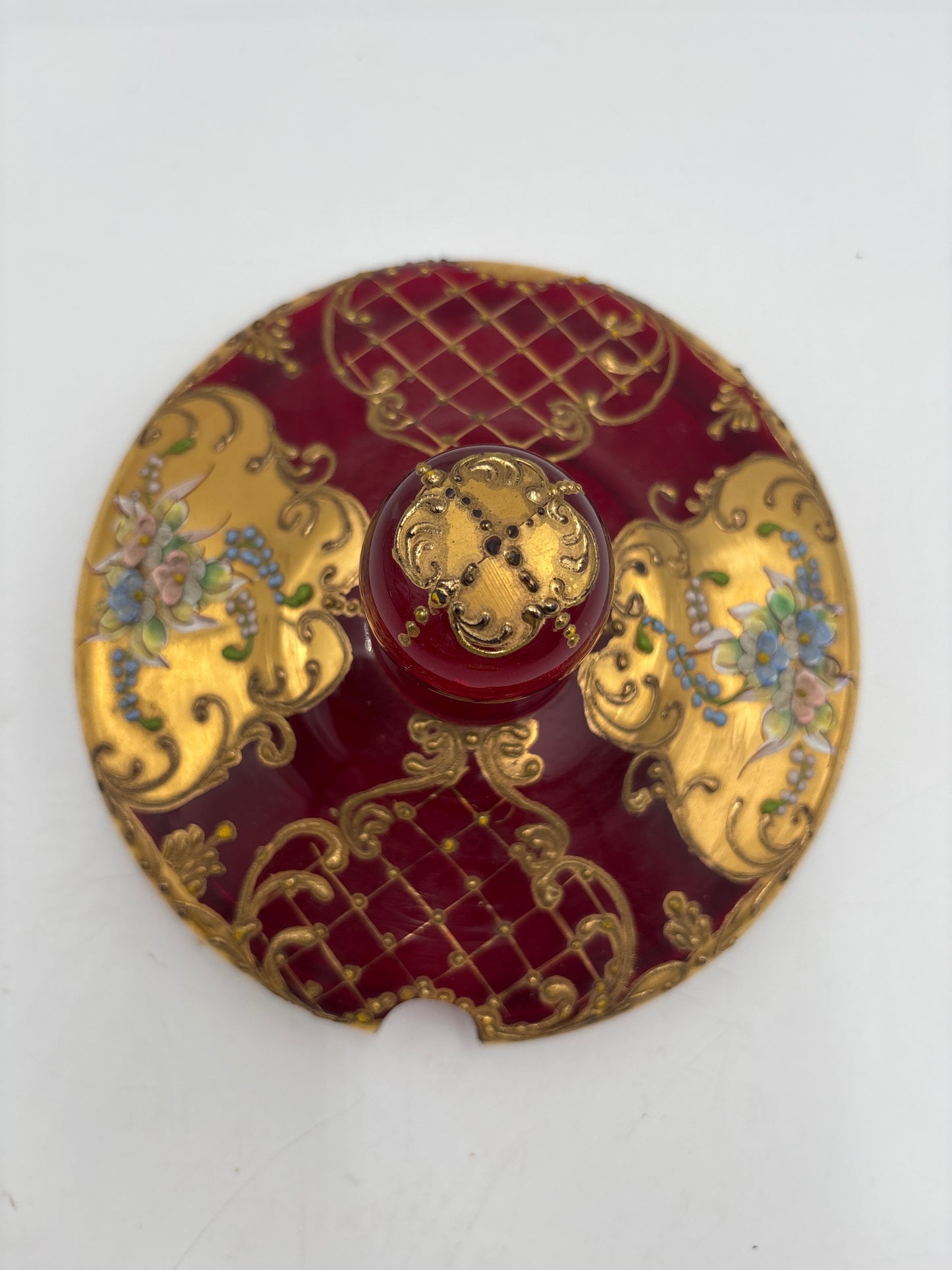 Vintage Bohemia krystal med Guld og Enamel, Punch Bowl med ske og 4 kopper, Rød, 25cm