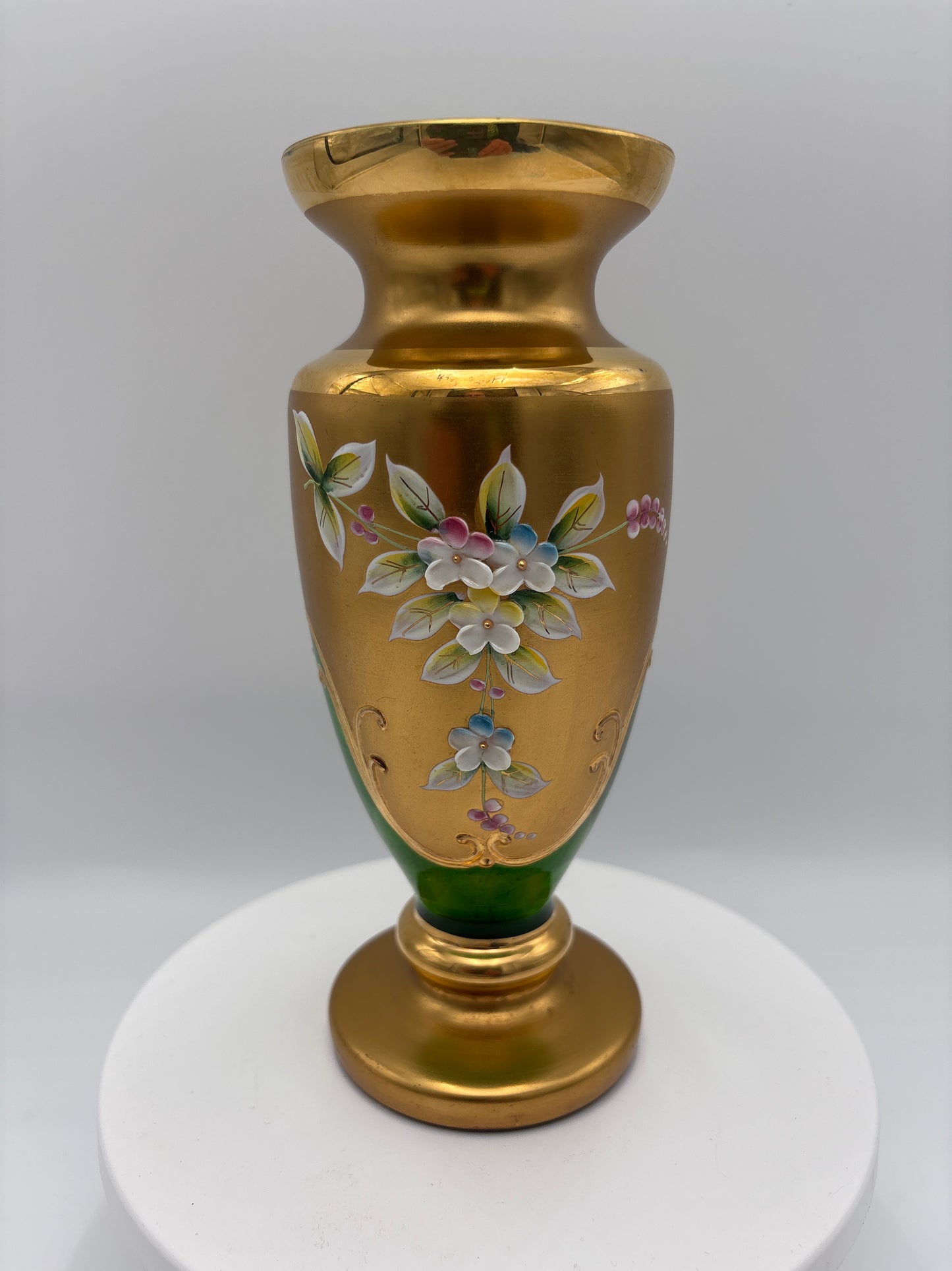 Vintage Bohemia krystal med Guld og Enamel-Vase på fod-Grøn(2)-19cm