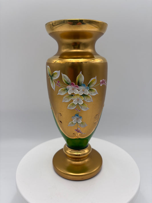 Vintage Bohemia krystal med Guld og Enamel-Vase på fod-Grøn(2)-19cm