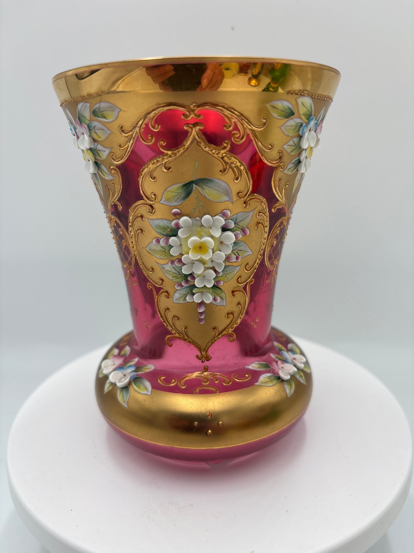 Vintage Bohemia krystal med Guld og Enamel, Vase , Rød(2), 14cm