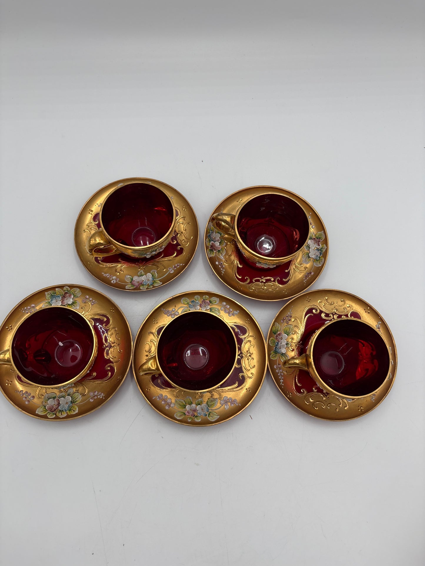 Vintage Bohemia krystal med Guld og Enamel, kaffesæt, Rød