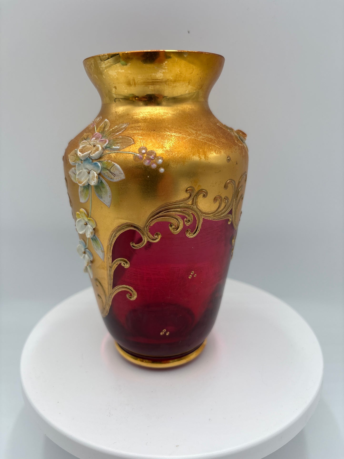 Vintage Bohemia krystal med Guld og Enamel, Vase , Rød, 15cm