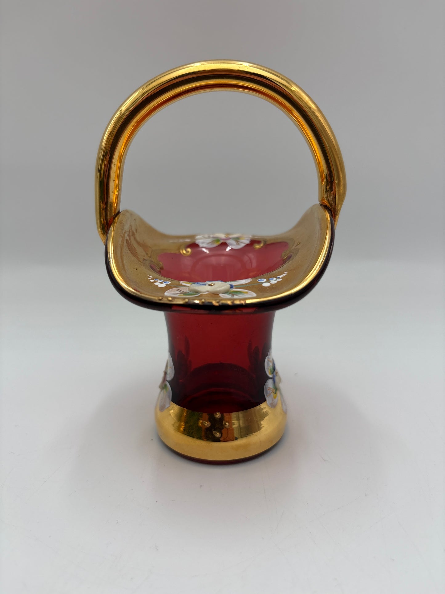Vintage Bohemia krystal med Guld og Enamel, Kurv, Rød, 14cm