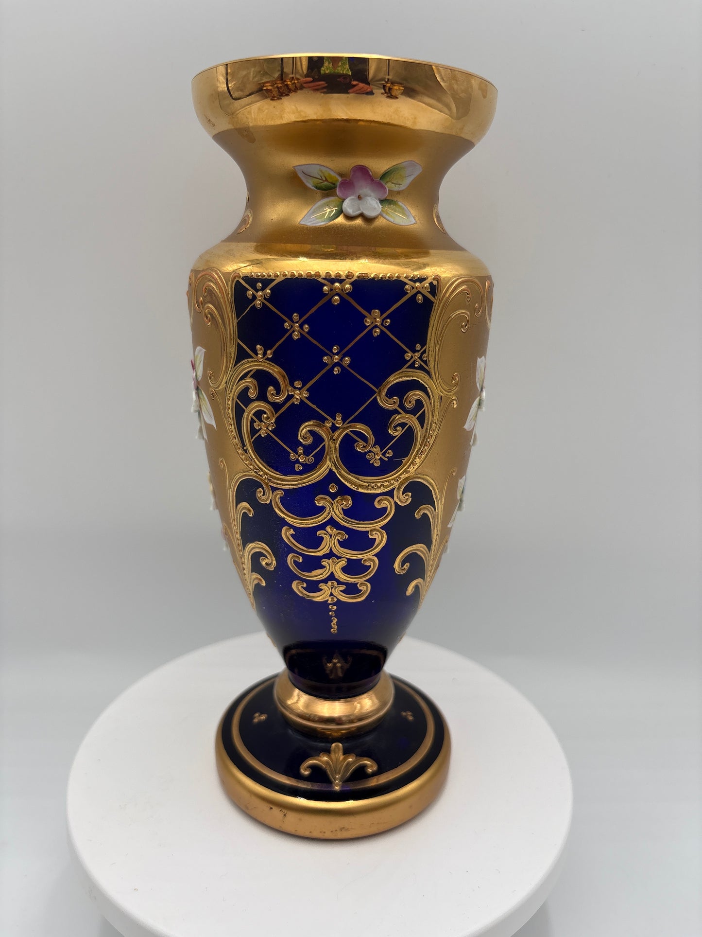 Vintage Bohemia krystal med Guld og Enamel-Vase på fod-Blå(3)-22cm