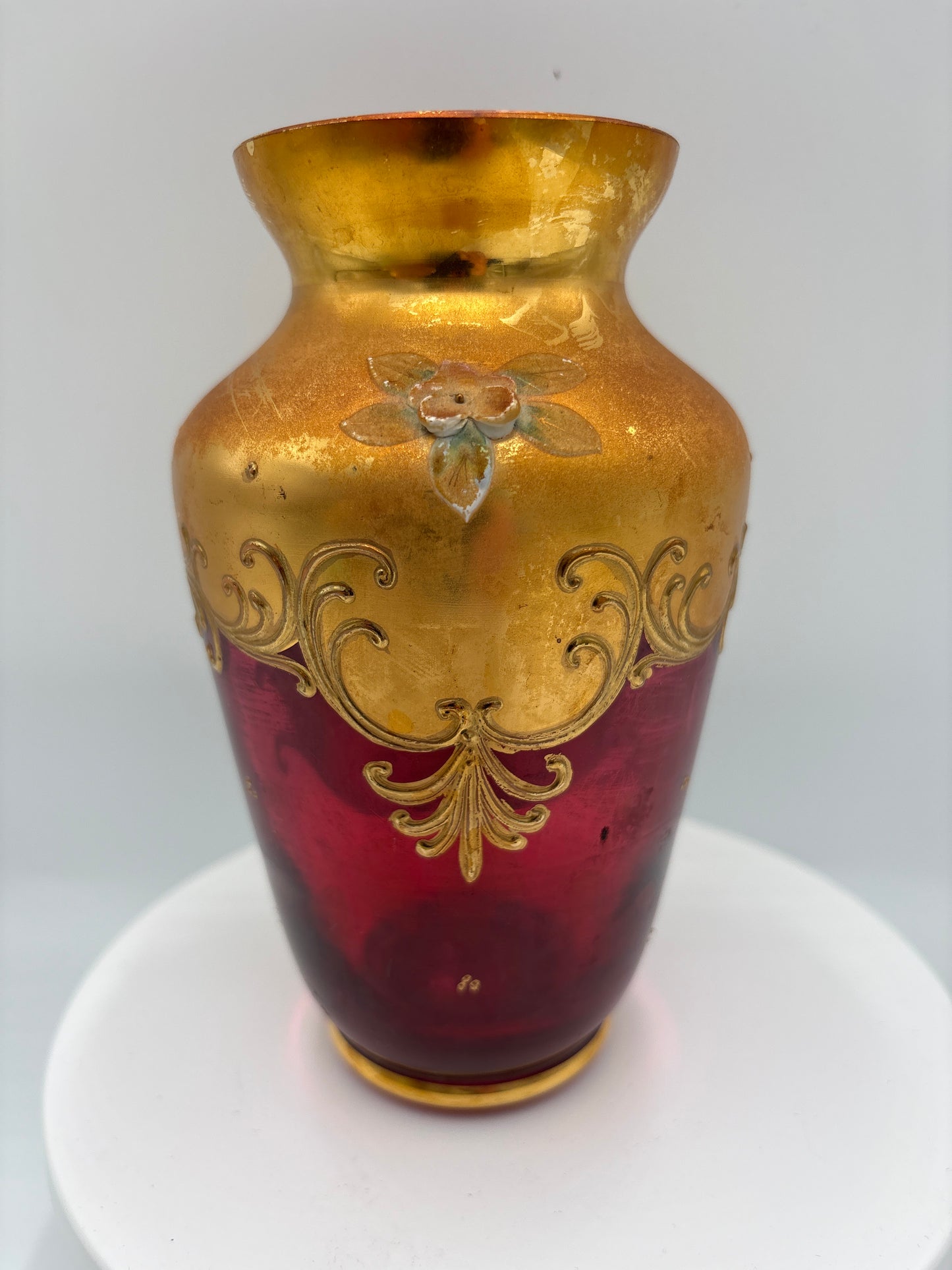 Vintage Bohemia krystal med Guld og Enamel, Vase , Rød, 15cm